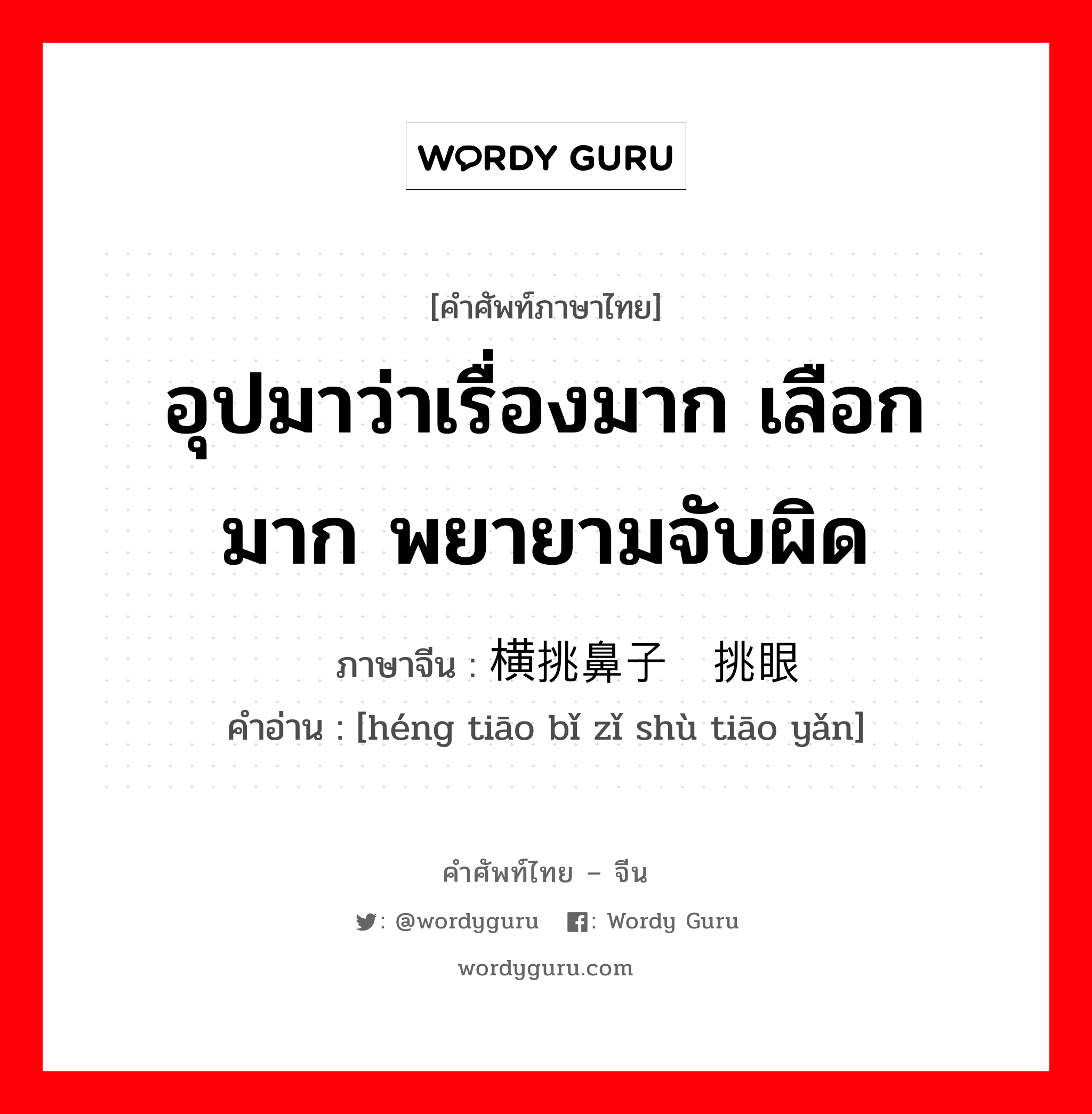 อุปมาว่าเรื่องมาก เลือกมาก พยายามจับผิด ภาษาจีนคืออะไร, คำศัพท์ภาษาไทย - จีน อุปมาว่าเรื่องมาก เลือกมาก พยายามจับผิด ภาษาจีน 横挑鼻子竖挑眼 คำอ่าน [héng tiāo bǐ zǐ shù tiāo yǎn]