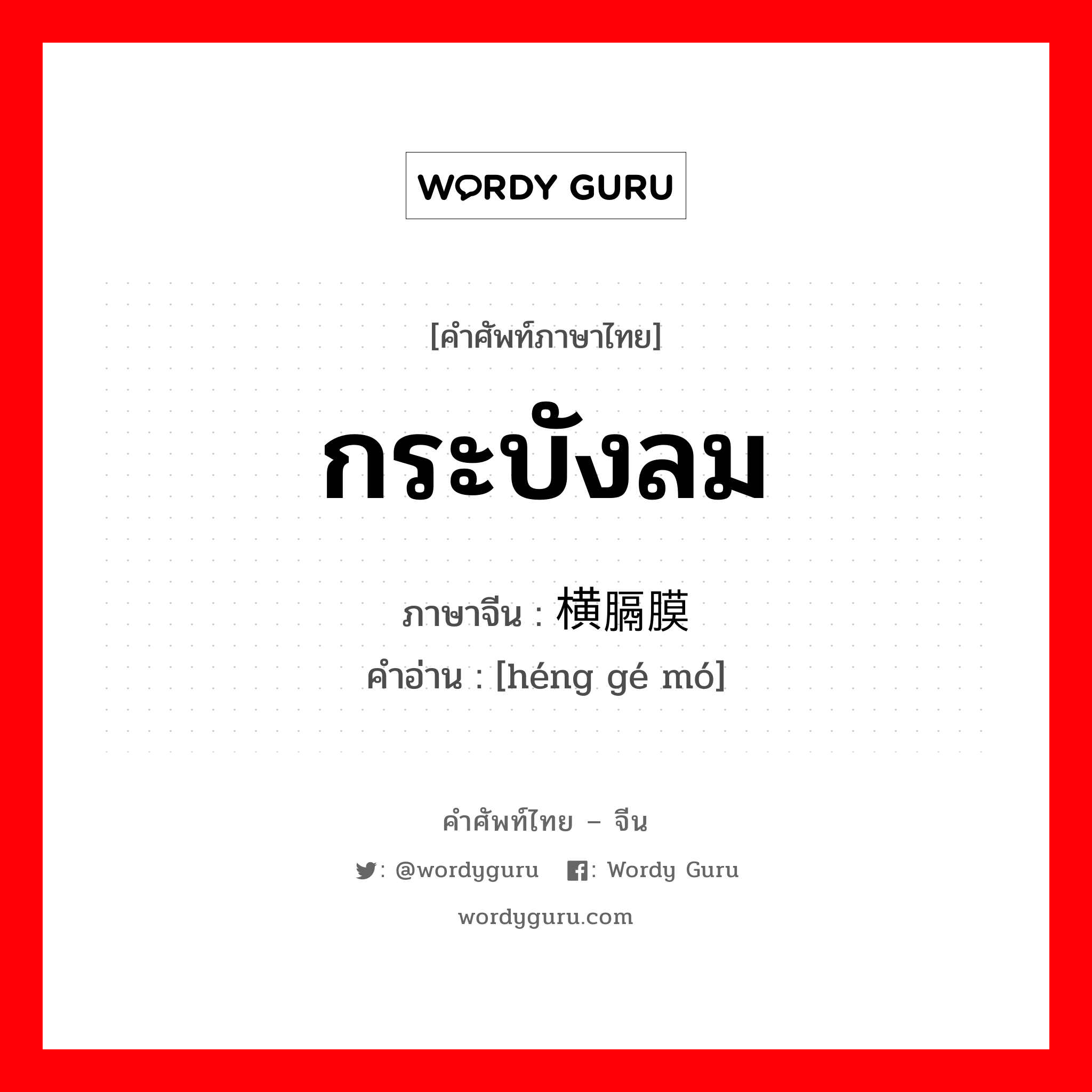 กระบังลม ภาษาจีนคืออะไร, คำศัพท์ภาษาไทย - จีน กระบังลม ภาษาจีน 横膈膜 คำอ่าน [héng gé mó]