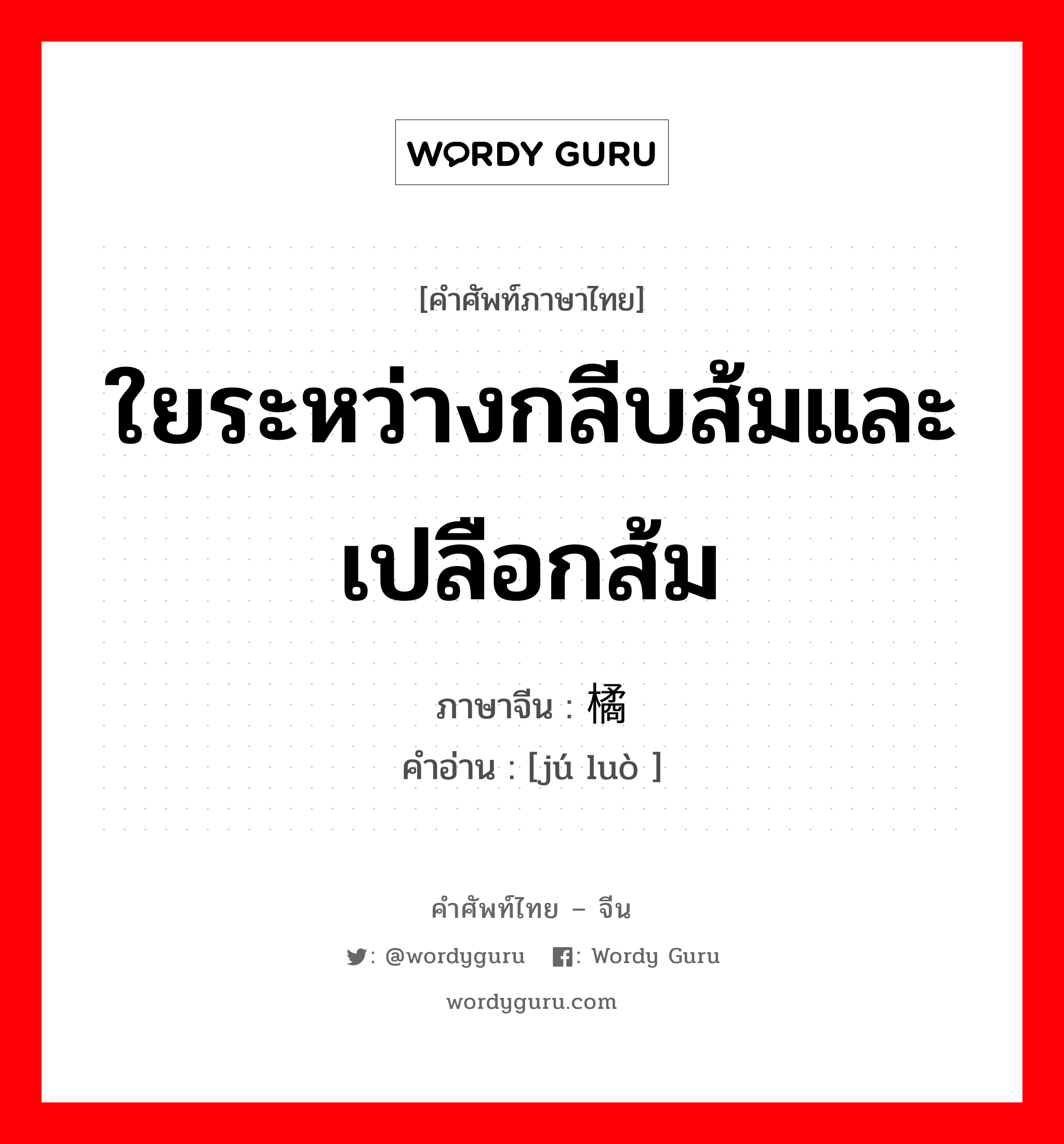 ใยระหว่างกลีบส้มและเปลือกส้ม ภาษาจีนคืออะไร, คำศัพท์ภาษาไทย - จีน ใยระหว่างกลีบส้มและเปลือกส้ม ภาษาจีน 橘络 คำอ่าน [jú luò ]