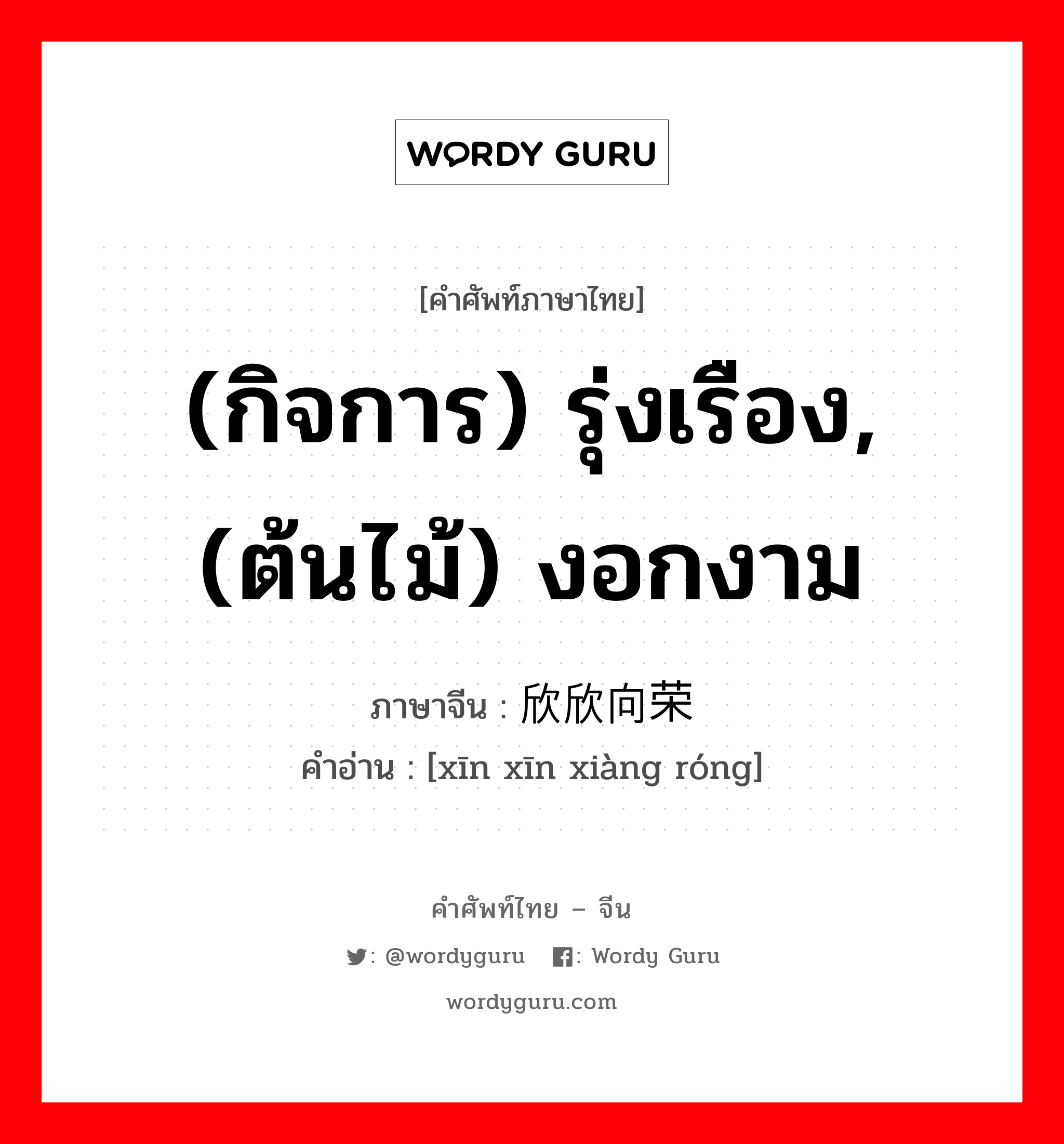 (กิจการ) รุ่งเรือง,(ต้นไม้) งอกงาม ภาษาจีนคืออะไร, คำศัพท์ภาษาไทย - จีน (กิจการ) รุ่งเรือง,(ต้นไม้) งอกงาม ภาษาจีน 欣欣向荣 คำอ่าน [xīn xīn xiàng róng]