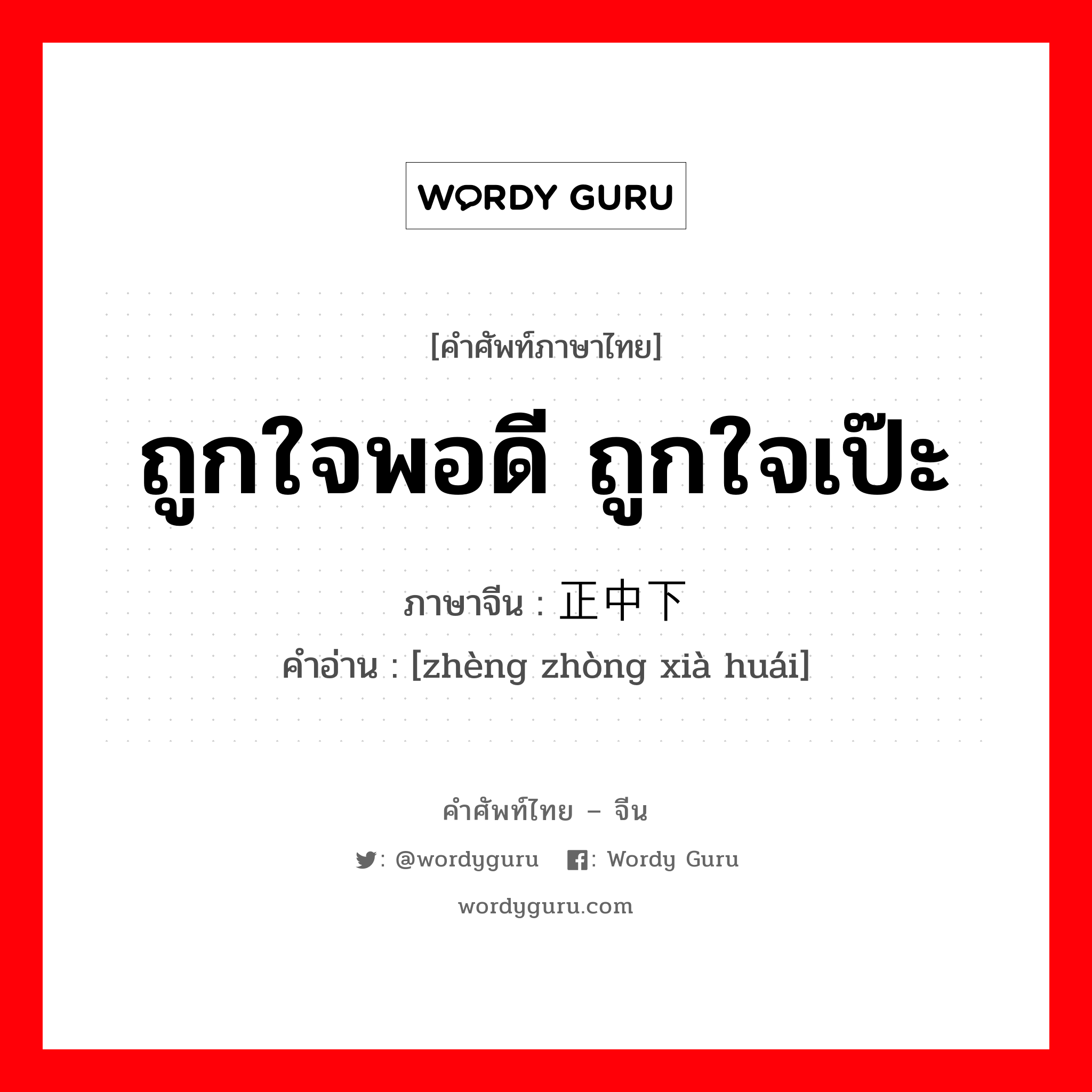 ถูกใจพอดี ถูกใจเป๊ะ ภาษาจีนคืออะไร, คำศัพท์ภาษาไทย - จีน ถูกใจพอดี ถูกใจเป๊ะ ภาษาจีน 正中下怀 คำอ่าน [zhèng zhòng xià huái]