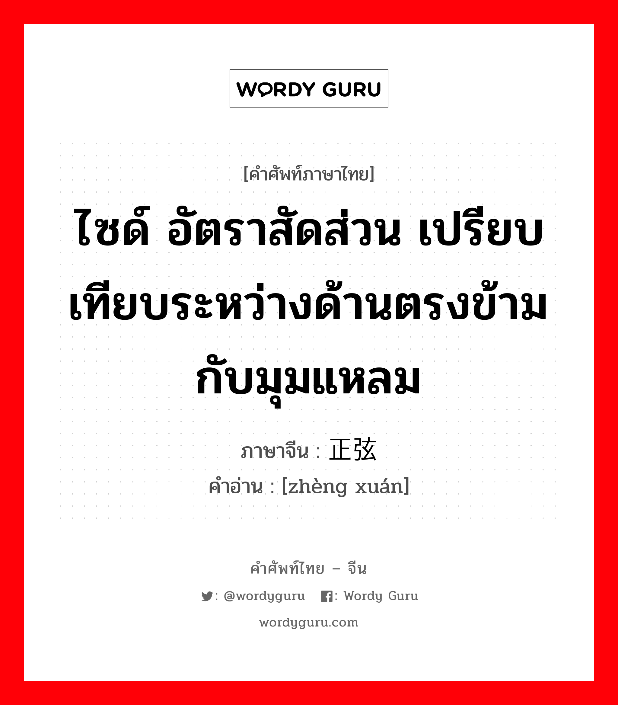 ไซด์ อัตราสัดส่วน เปรียบเทียบระหว่างด้านตรงข้ามกับมุมแหลม ภาษาจีนคืออะไร, คำศัพท์ภาษาไทย - จีน ไซด์ อัตราสัดส่วน เปรียบเทียบระหว่างด้านตรงข้ามกับมุมแหลม ภาษาจีน 正弦 คำอ่าน [zhèng xuán]