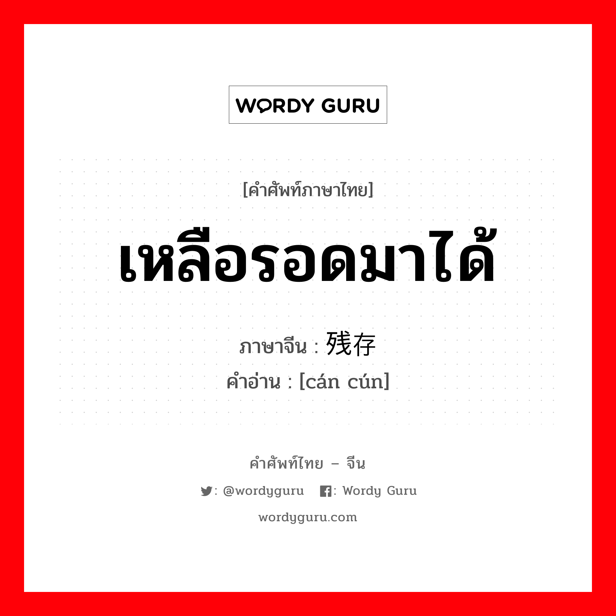 เหลือรอดมาได้ ภาษาจีนคืออะไร, คำศัพท์ภาษาไทย - จีน เหลือรอดมาได้ ภาษาจีน 残存 คำอ่าน [cán cún]