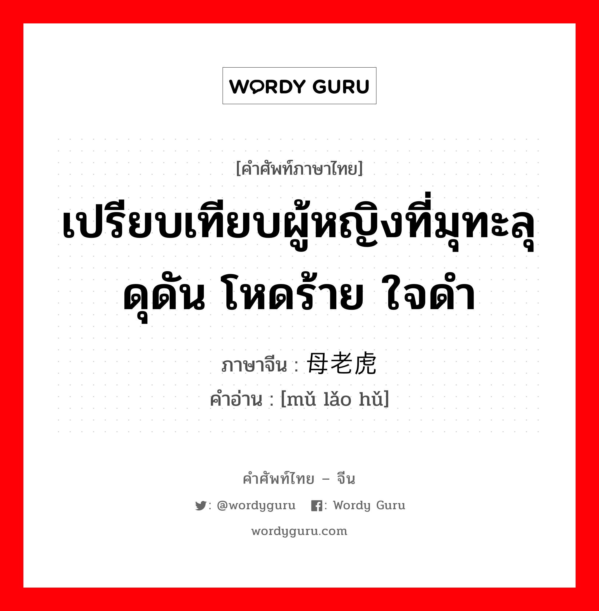 เปรียบเทียบผู้หญิงที่มุทะลุ ดุดัน โหดร้าย ใจดำ ภาษาจีนคืออะไร, คำศัพท์ภาษาไทย - จีน เปรียบเทียบผู้หญิงที่มุทะลุ ดุดัน โหดร้าย ใจดำ ภาษาจีน 母老虎 คำอ่าน [mǔ lǎo hǔ]