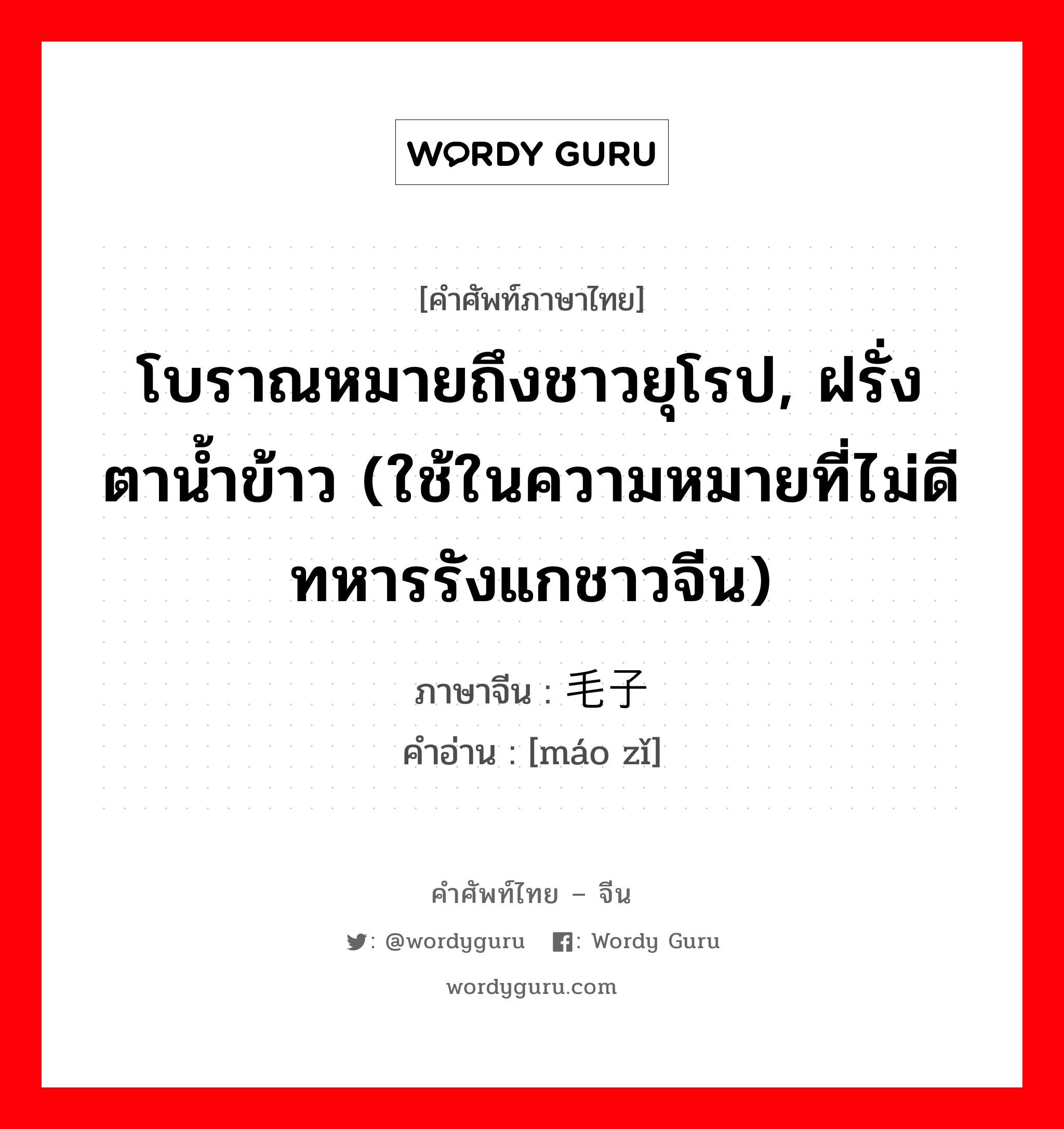 โบราณหมายถึงชาวยุโรป, ฝรั่งตาน้ำข้าว (ใช้ในความหมายที่ไม่ดีทหารรังแกชาวจีน) ภาษาจีนคืออะไร, คำศัพท์ภาษาไทย - จีน โบราณหมายถึงชาวยุโรป, ฝรั่งตาน้ำข้าว (ใช้ในความหมายที่ไม่ดีทหารรังแกชาวจีน) ภาษาจีน 毛子 คำอ่าน [máo zǐ]