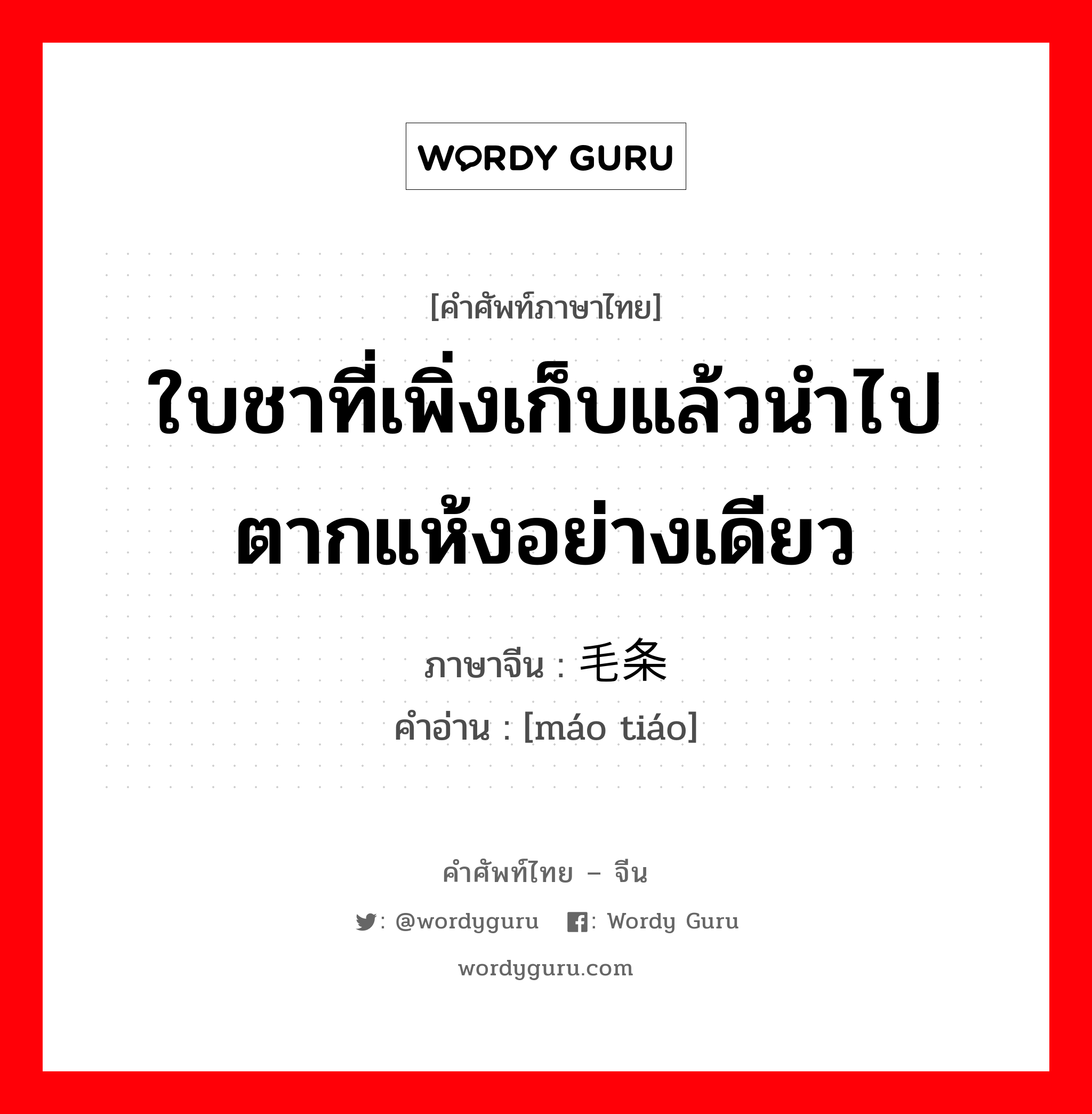 ใบชาที่เพิ่งเก็บแล้วนำไปตากแห้งอย่างเดียว ภาษาจีนคืออะไร, คำศัพท์ภาษาไทย - จีน ใบชาที่เพิ่งเก็บแล้วนำไปตากแห้งอย่างเดียว ภาษาจีน 毛条 คำอ่าน [máo tiáo]