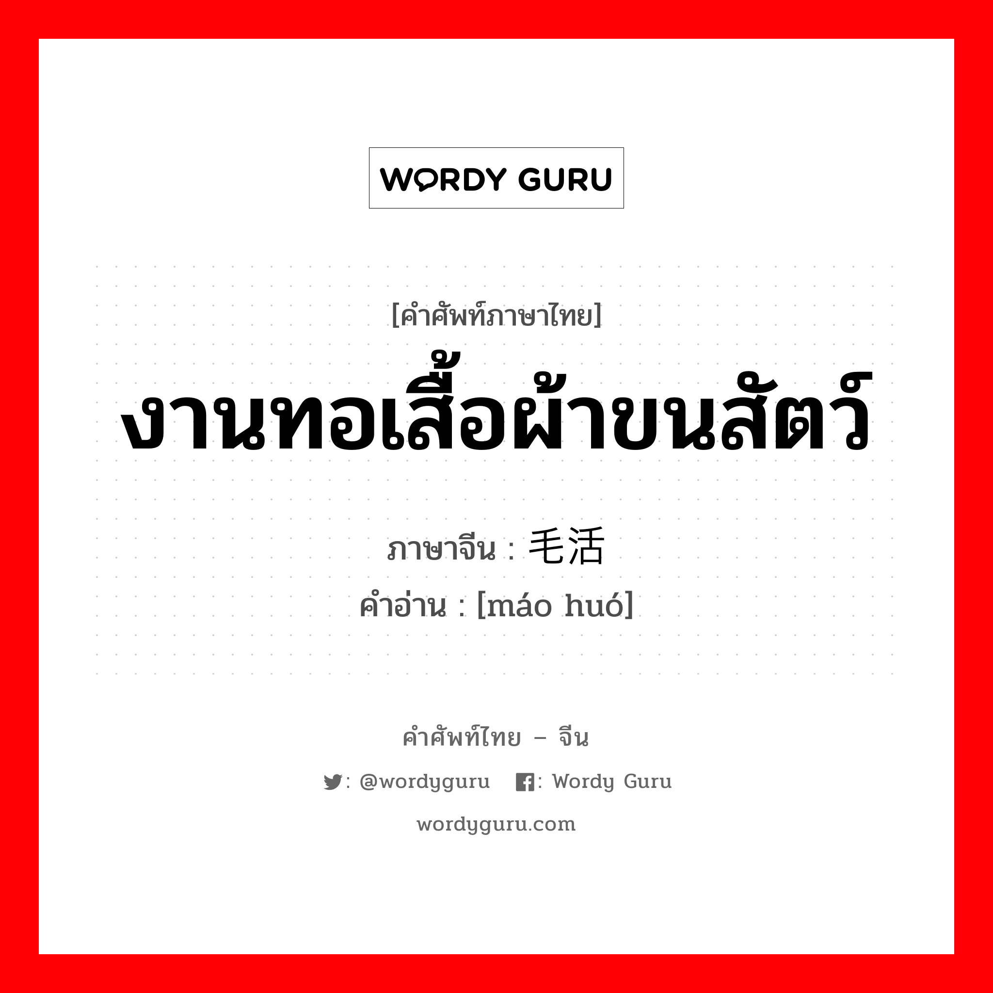 งานทอเสื้อผ้าขนสัตว์ ภาษาจีนคืออะไร, คำศัพท์ภาษาไทย - จีน งานทอเสื้อผ้าขนสัตว์ ภาษาจีน 毛活 คำอ่าน [máo huó]