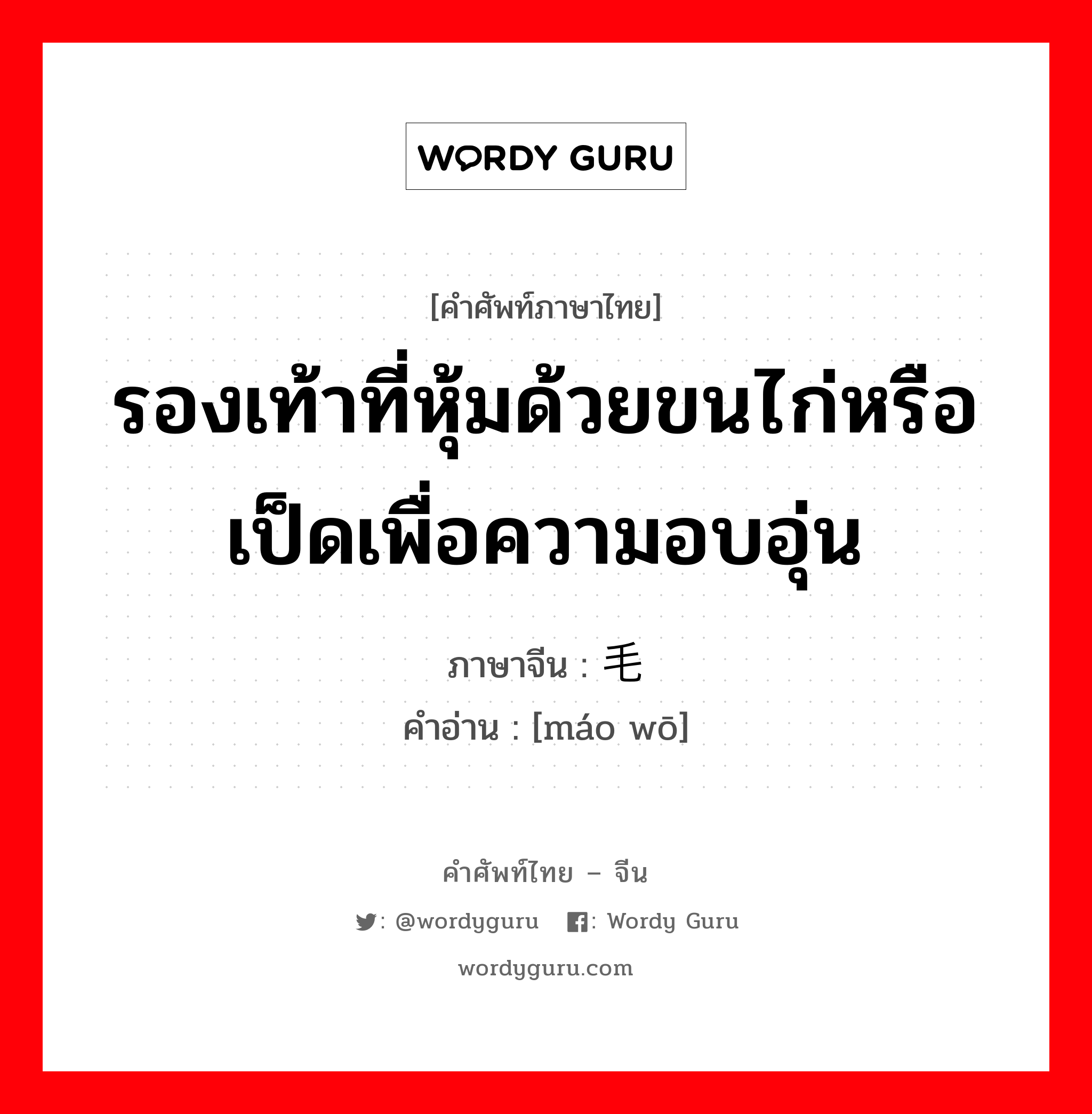 รองเท้าที่หุ้มด้วยขนไก่หรือเป็ดเพื่อความอบอุ่น ภาษาจีนคืออะไร, คำศัพท์ภาษาไทย - จีน รองเท้าที่หุ้มด้วยขนไก่หรือเป็ดเพื่อความอบอุ่น ภาษาจีน 毛窝 คำอ่าน [máo wō]