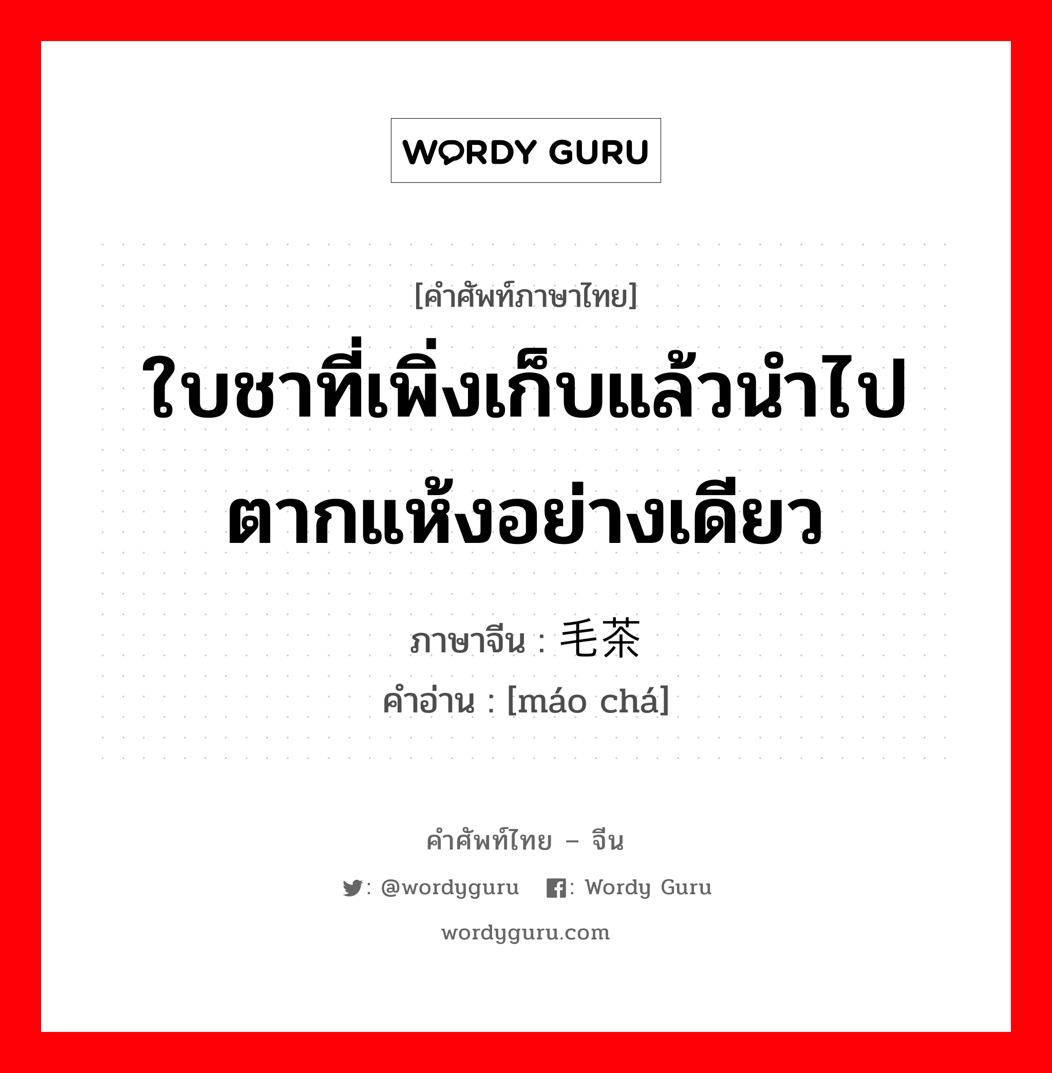 ใบชาที่เพิ่งเก็บแล้วนำไปตากแห้งอย่างเดียว ภาษาจีนคืออะไร, คำศัพท์ภาษาไทย - จีน ใบชาที่เพิ่งเก็บแล้วนำไปตากแห้งอย่างเดียว ภาษาจีน 毛茶 คำอ่าน [máo chá]