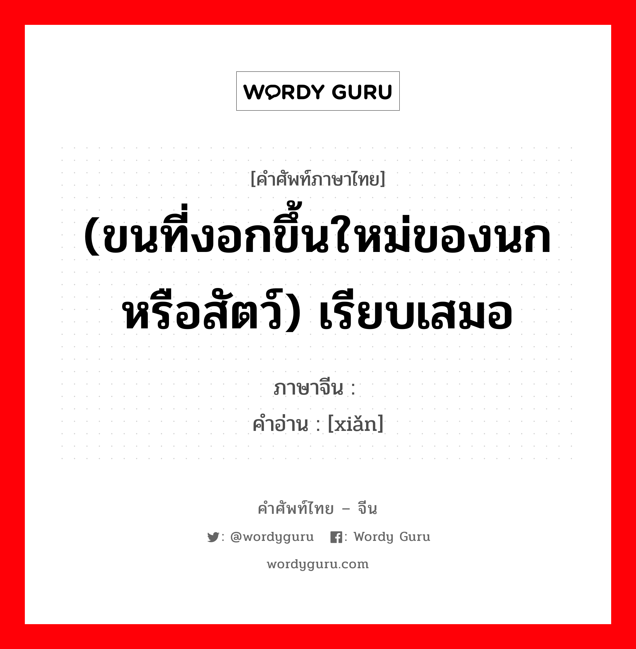 (ขนที่งอกขึ้นใหม่ของนกหรือสัตว์) เรียบเสมอ ภาษาจีนคืออะไร, คำศัพท์ภาษาไทย - จีน (ขนที่งอกขึ้นใหม่ของนกหรือสัตว์) เรียบเสมอ ภาษาจีน 毨 คำอ่าน [xiǎn]