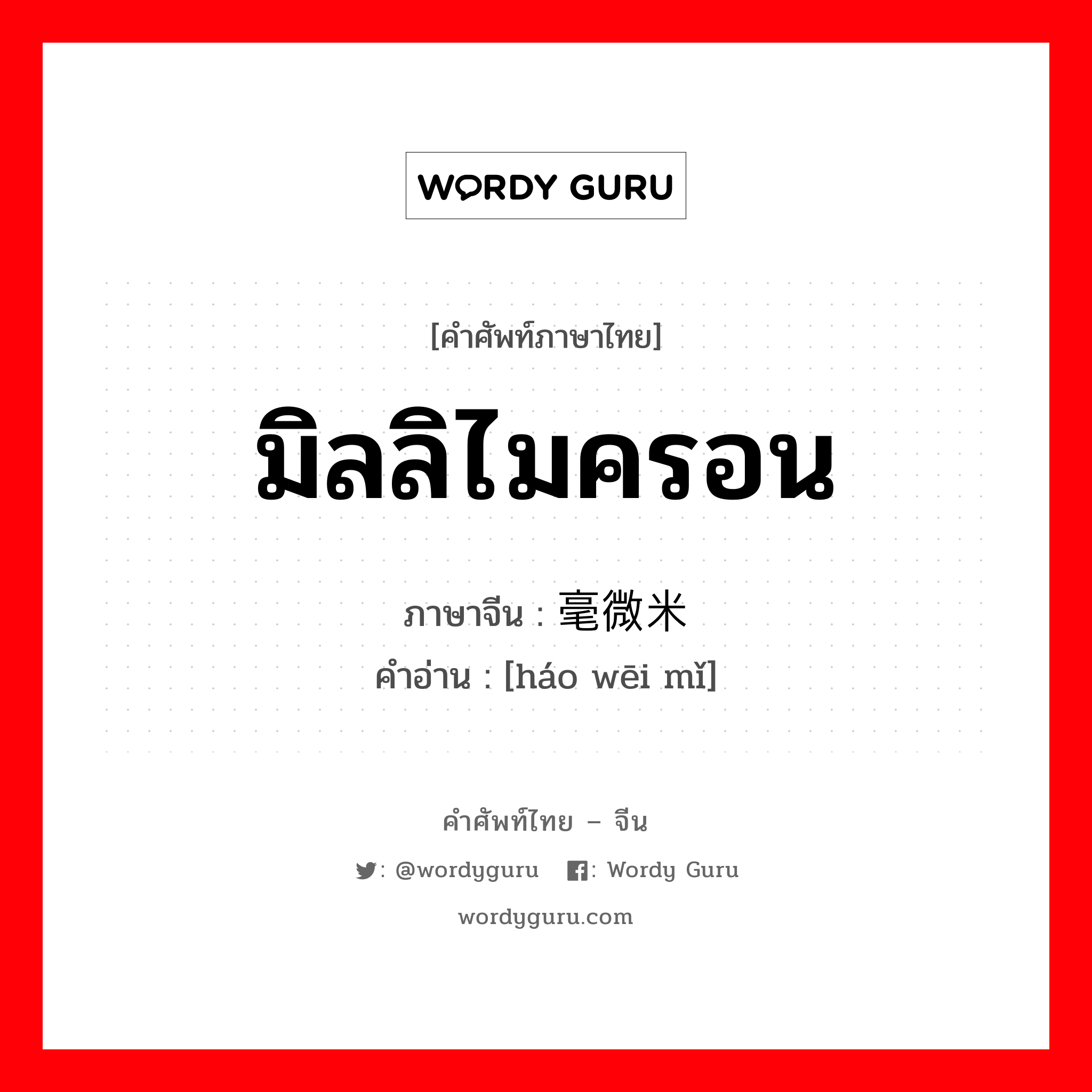 มิลลิไมครอน ภาษาจีนคืออะไร, คำศัพท์ภาษาไทย - จีน มิลลิไมครอน ภาษาจีน 毫微米 คำอ่าน [háo wēi mǐ]