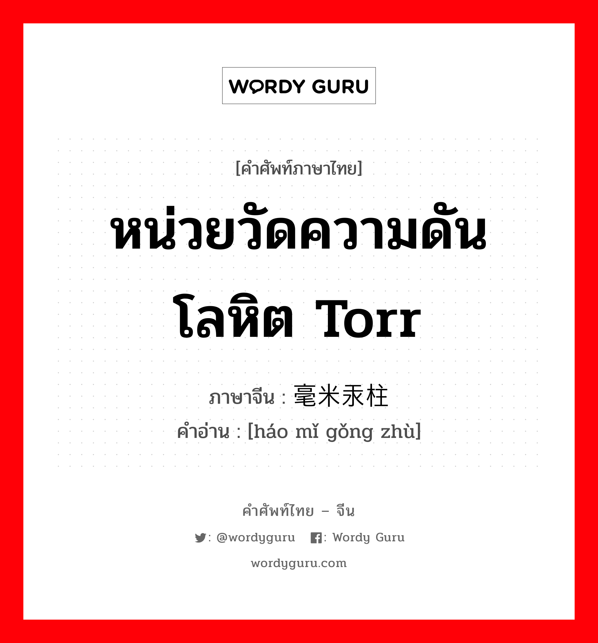 หน่วยวัดความดันโลหิต Torr ภาษาจีนคืออะไร, คำศัพท์ภาษาไทย - จีน หน่วยวัดความดันโลหิต Torr ภาษาจีน 毫米汞柱 คำอ่าน [háo mǐ gǒng zhù]