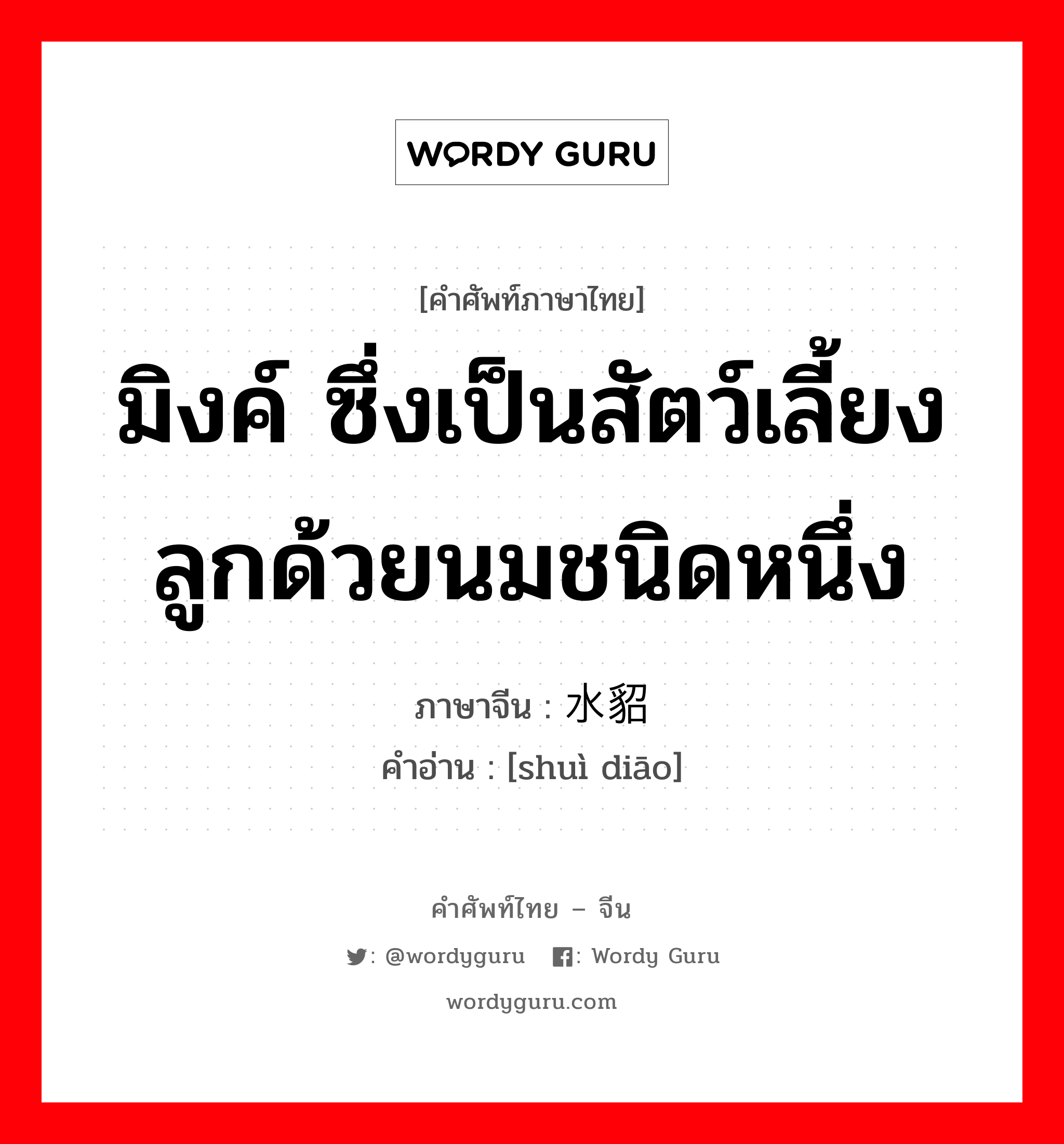 มิงค์ ซึ่งเป็นสัตว์เลี้ยงลูกด้วยนมชนิดหนึ่ง ภาษาจีนคืออะไร, คำศัพท์ภาษาไทย - จีน มิงค์ ซึ่งเป็นสัตว์เลี้ยงลูกด้วยนมชนิดหนึ่ง ภาษาจีน 水貂 คำอ่าน [shuì diāo]