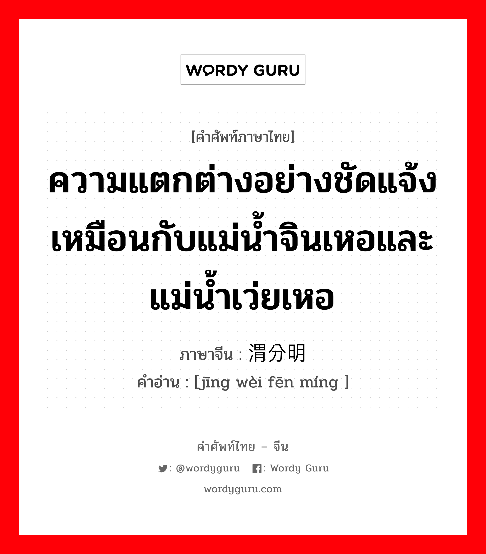 ความแตกต่างอย่างชัดแจ้งเหมือนกับแม่น้ำจินเหอและแม่น้ำเว่ยเหอ ภาษาจีนคืออะไร, คำศัพท์ภาษาไทย - จีน ความแตกต่างอย่างชัดแจ้งเหมือนกับแม่น้ำจินเหอและแม่น้ำเว่ยเหอ ภาษาจีน 泾渭分明 คำอ่าน [jīng wèi fēn míng ]