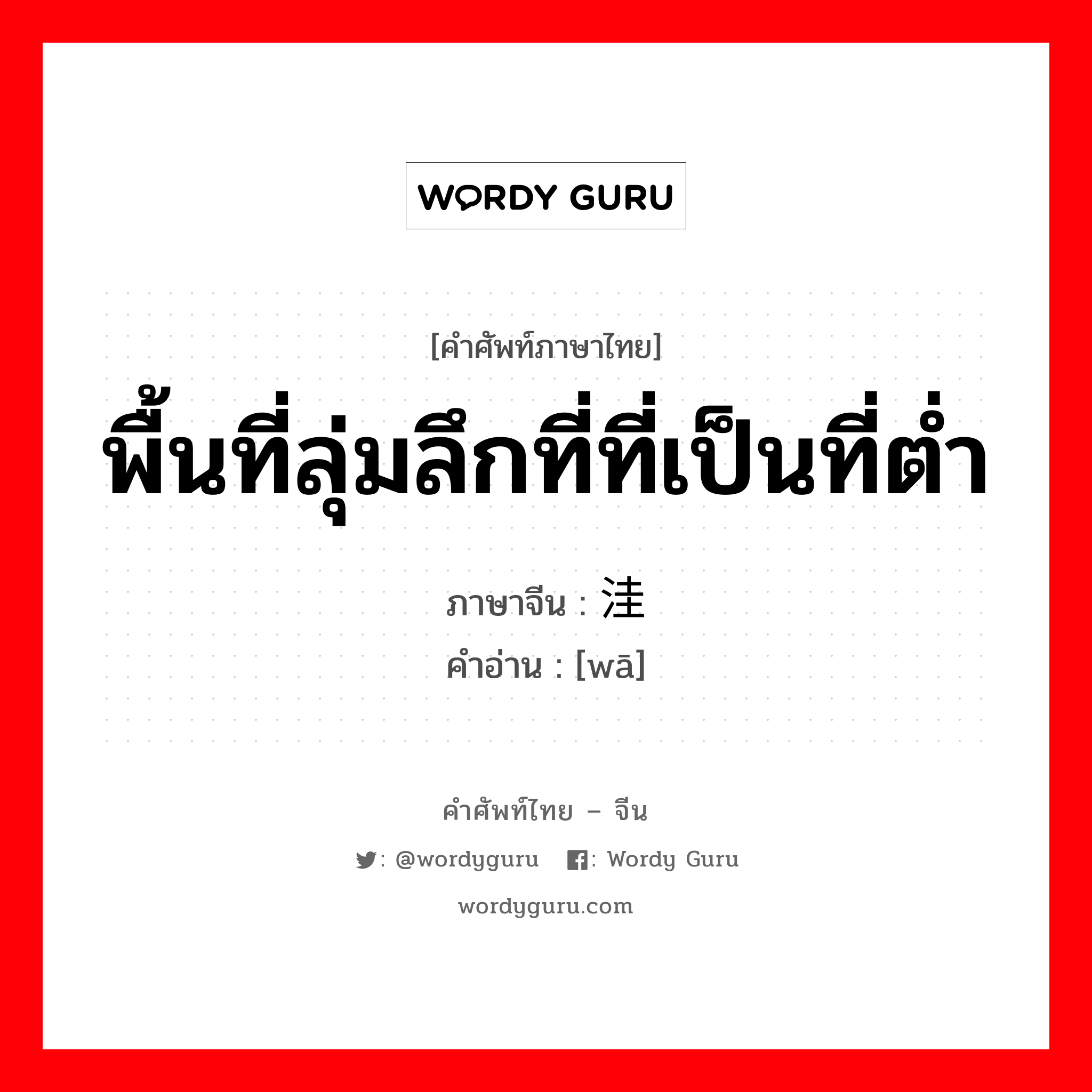 พื้นที่ลุ่มลึกที่ที่เป็นที่ต่ำ ภาษาจีนคืออะไร, คำศัพท์ภาษาไทย - จีน พื้นที่ลุ่มลึกที่ที่เป็นที่ต่ำ ภาษาจีน 洼 คำอ่าน [wā]