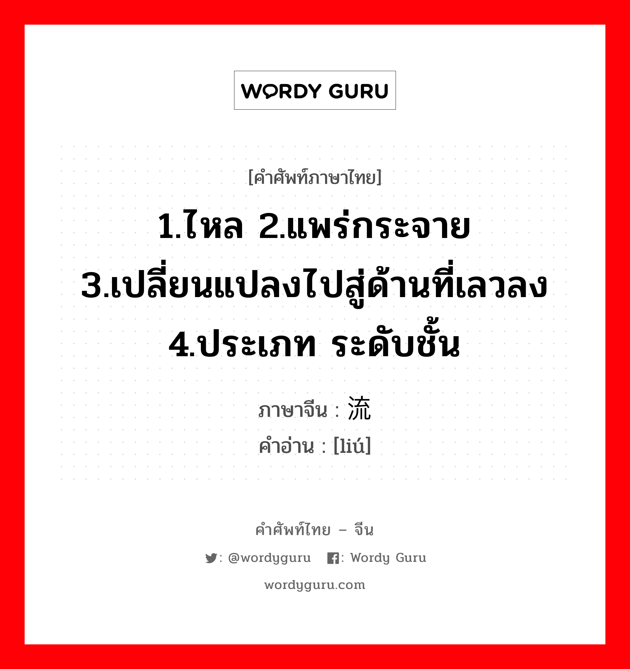 1.ไหล 2.แพร่กระจาย 3.เปลี่ยนแปลงไปสู่ด้านที่เลวลง 4.ประเภท ระดับชั้น ภาษาจีนคืออะไร, คำศัพท์ภาษาไทย - จีน 1.ไหล 2.แพร่กระจาย 3.เปลี่ยนแปลงไปสู่ด้านที่เลวลง 4.ประเภท ระดับชั้น ภาษาจีน 流 คำอ่าน [liú]