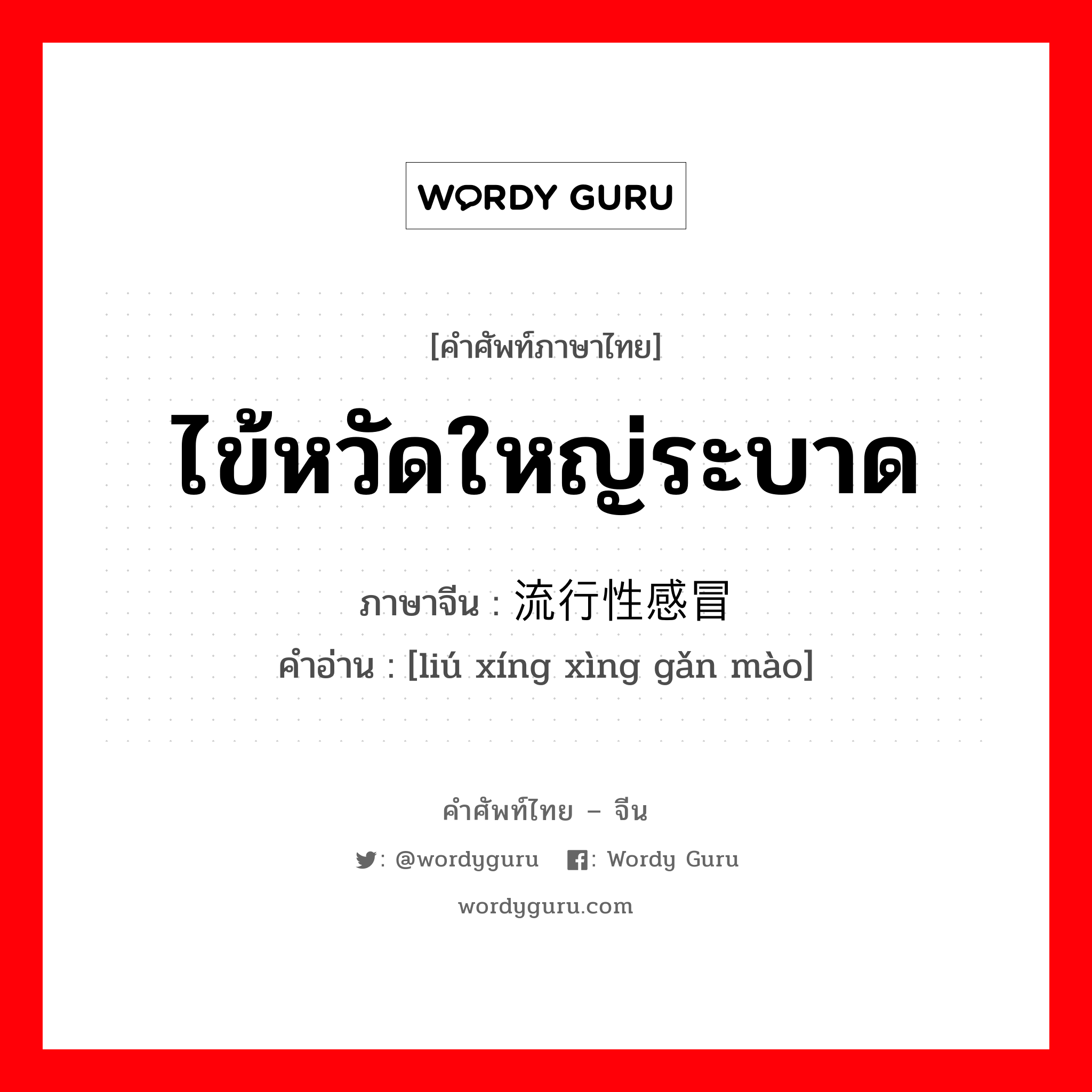 ไข้หวัดใหญ่ระบาด ภาษาจีนคืออะไร, คำศัพท์ภาษาไทย - จีน ไข้หวัดใหญ่ระบาด ภาษาจีน 流行性感冒 คำอ่าน [liú xíng xìng gǎn mào]