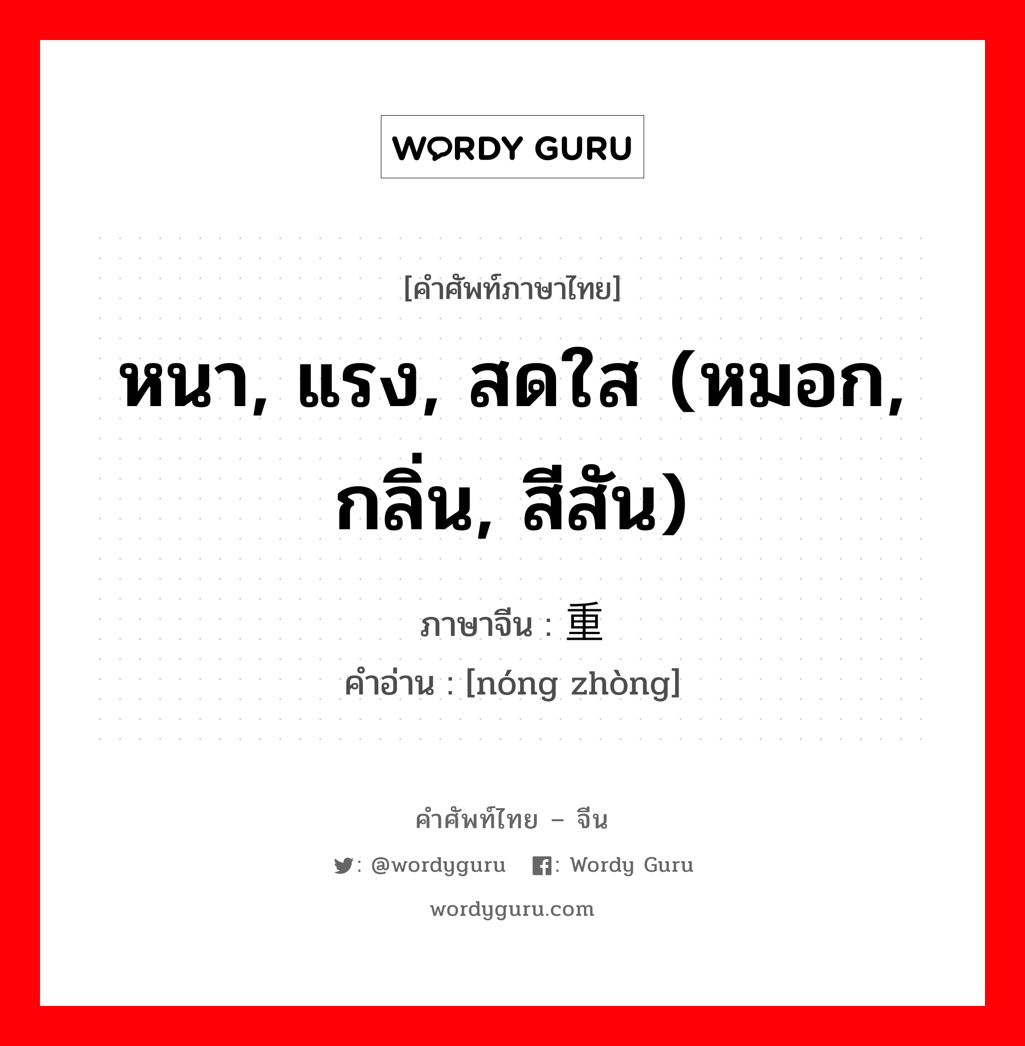 หนา, แรง, สดใส (หมอก, กลิ่น, สีสัน) ภาษาจีนคืออะไร, คำศัพท์ภาษาไทย - จีน หนา, แรง, สดใส (หมอก, กลิ่น, สีสัน) ภาษาจีน 浓重 คำอ่าน [nóng zhòng]