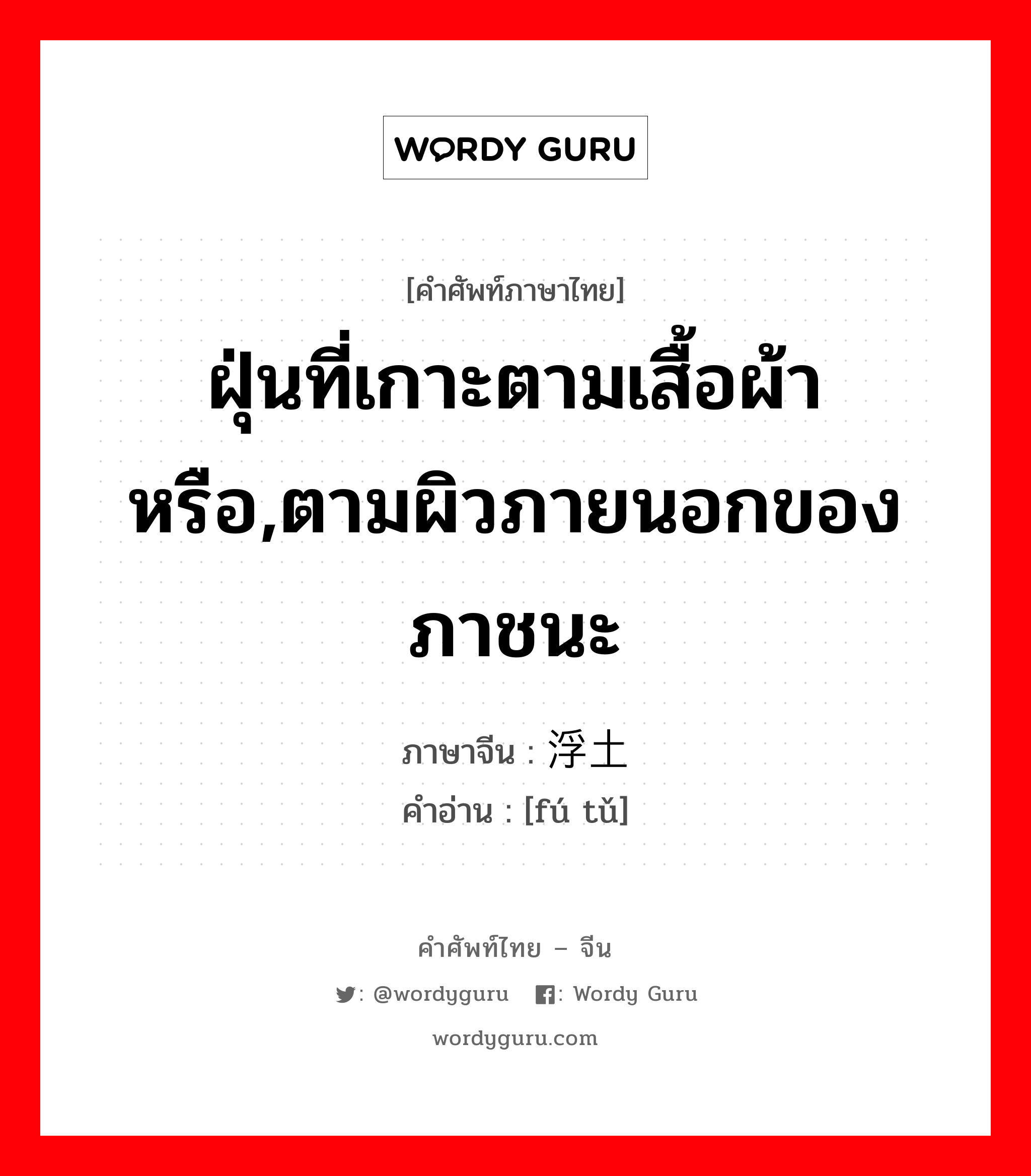 ฝุ่นที่เกาะตามเสื้อผ้าหรือ,ตามผิวภายนอกของภาชนะ ภาษาจีนคืออะไร, คำศัพท์ภาษาไทย - จีน ฝุ่นที่เกาะตามเสื้อผ้าหรือ,ตามผิวภายนอกของภาชนะ ภาษาจีน 浮土 คำอ่าน [fú tǔ]