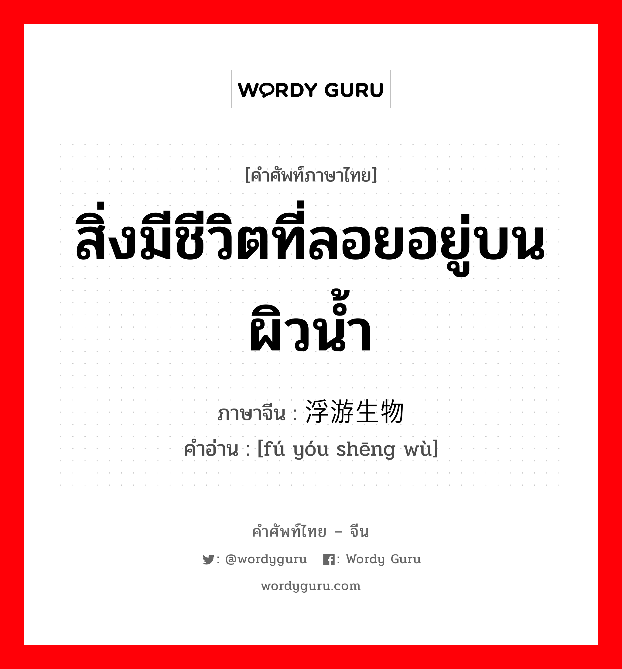 สิ่งมีชีวิตที่ลอยอยู่บนผิวน้ำ ภาษาจีนคืออะไร, คำศัพท์ภาษาไทย - จีน สิ่งมีชีวิตที่ลอยอยู่บนผิวน้ำ ภาษาจีน 浮游生物 คำอ่าน [fú yóu shēng wù]