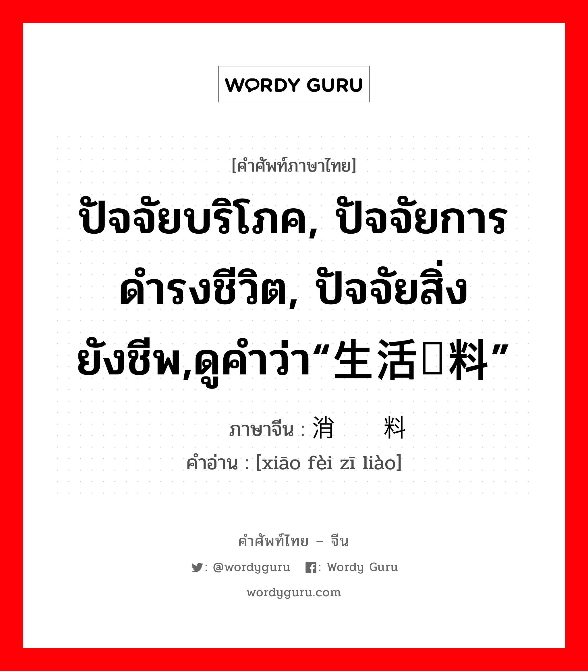 ปัจจัยบริโภค, ปัจจัยการดำรงชีวิต, ปัจจัยสิ่งยังชีพ,ดูคำว่า“生活资料” ภาษาจีนคืออะไร, คำศัพท์ภาษาไทย - จีน ปัจจัยบริโภค, ปัจจัยการดำรงชีวิต, ปัจจัยสิ่งยังชีพ,ดูคำว่า“生活资料” ภาษาจีน 消费资料 คำอ่าน [xiāo fèi zī liào]