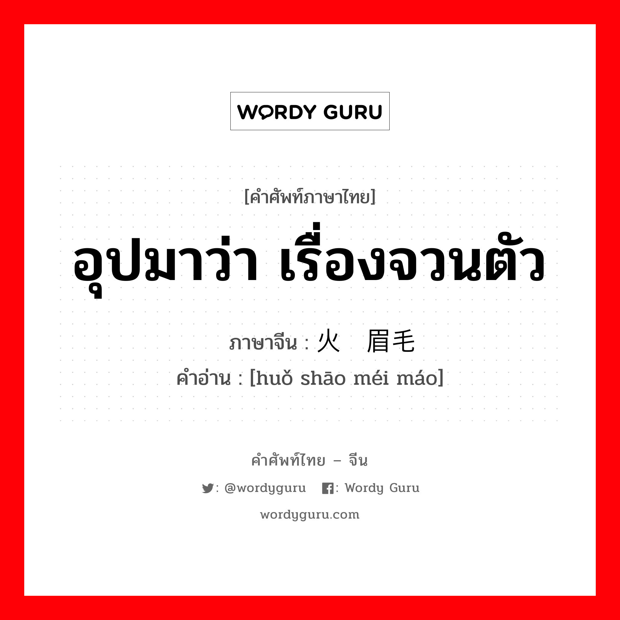 อุปมาว่า เรื่องจวนตัว ภาษาจีนคืออะไร, คำศัพท์ภาษาไทย - จีน อุปมาว่า เรื่องจวนตัว ภาษาจีน 火烧眉毛 คำอ่าน [huǒ shāo méi máo]