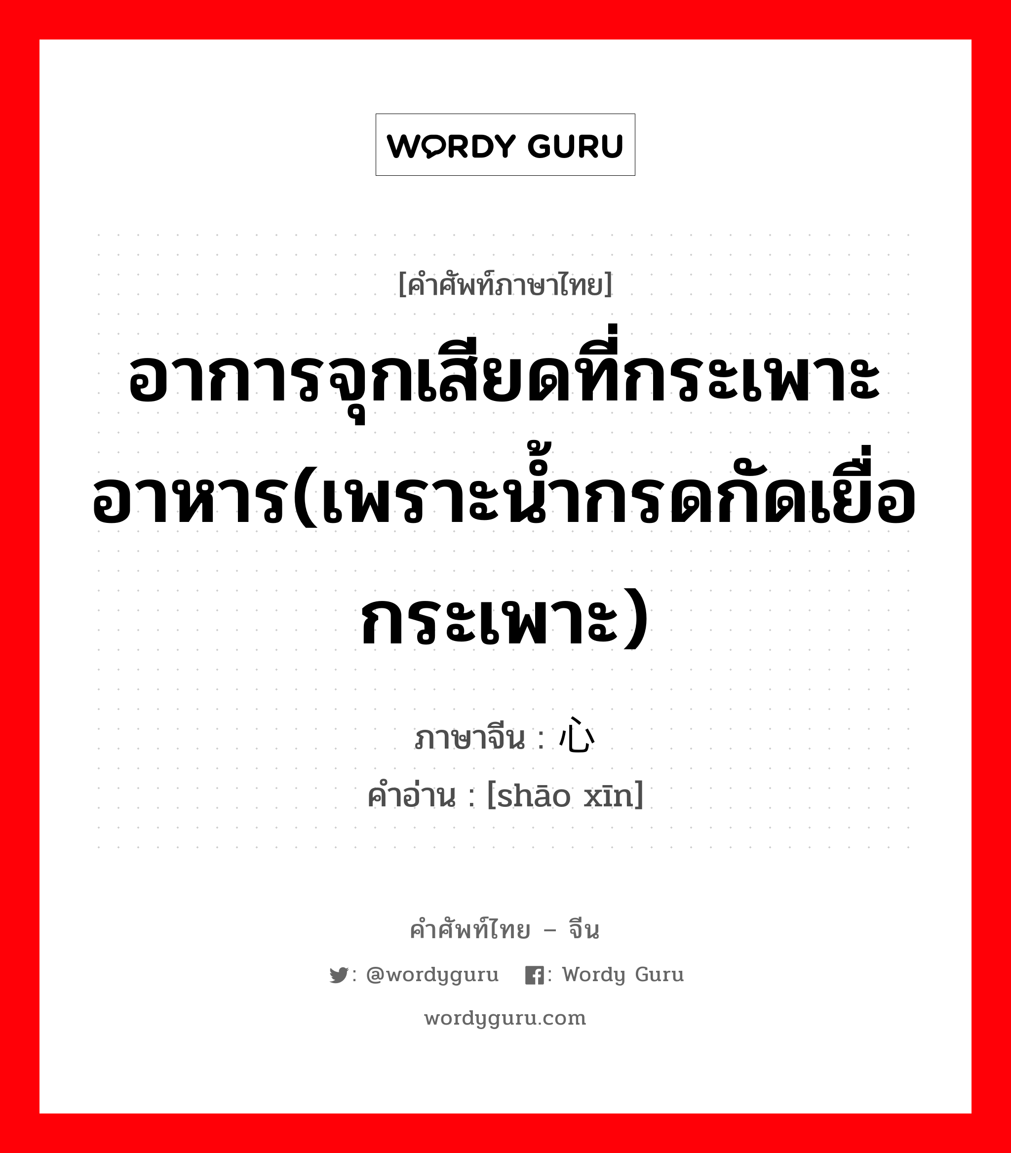 อาการจุกเสียดที่กระเพาะอาหาร(เพราะน้ำกรดกัดเยื่อกระเพาะ) ภาษาจีนคืออะไร, คำศัพท์ภาษาไทย - จีน อาการจุกเสียดที่กระเพาะอาหาร(เพราะน้ำกรดกัดเยื่อกระเพาะ) ภาษาจีน 烧心 คำอ่าน [shāo xīn]