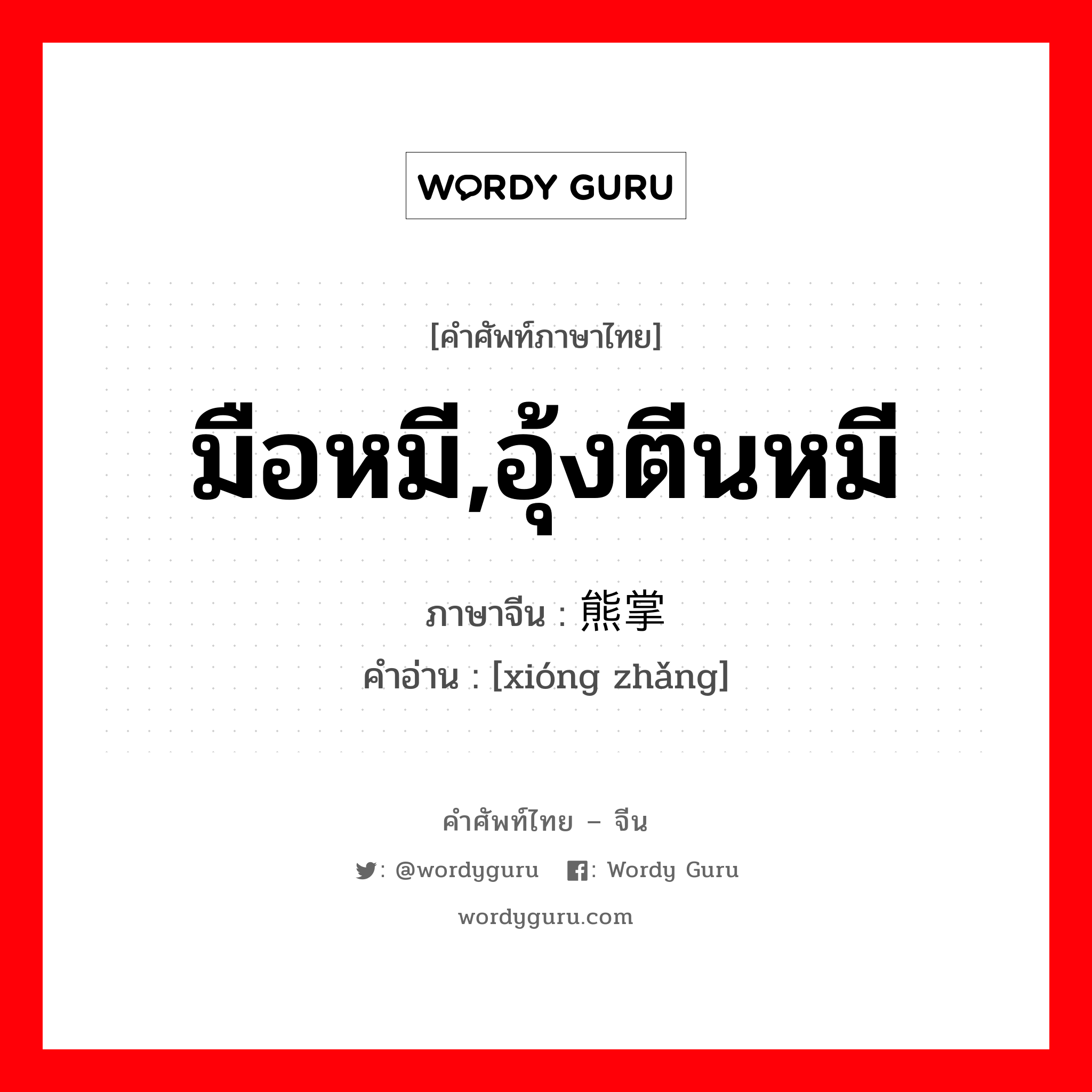 มือหมี,อุ้งตีนหมี ภาษาจีนคืออะไร, คำศัพท์ภาษาไทย - จีน มือหมี,อุ้งตีนหมี ภาษาจีน 熊掌 คำอ่าน [xióng zhǎng]