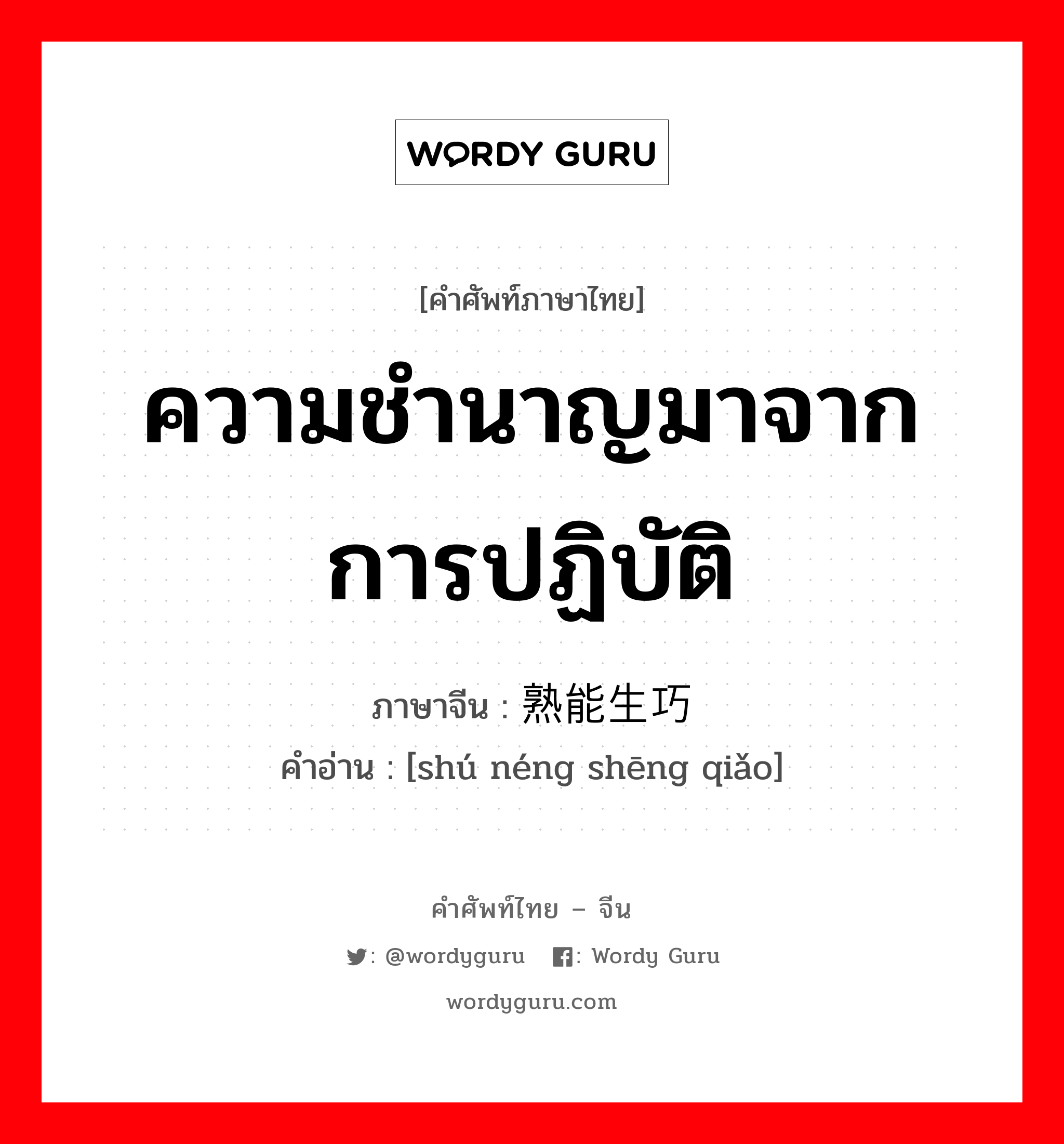 ความชำนาญมาจากการปฏิบัติ ภาษาจีนคืออะไร, คำศัพท์ภาษาไทย - จีน ความชำนาญมาจากการปฏิบัติ ภาษาจีน 熟能生巧 คำอ่าน [shú néng shēng qiǎo]