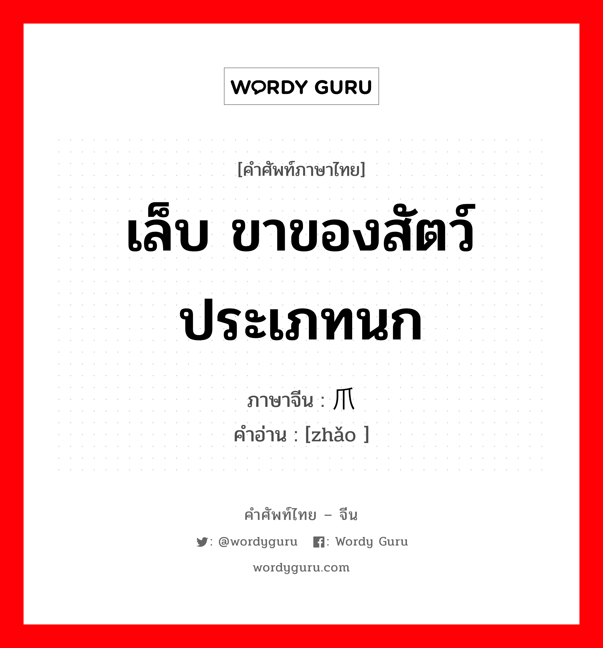 เล็บ ขาของสัตว์ประเภทนก ภาษาจีนคืออะไร, คำศัพท์ภาษาไทย - จีน เล็บ ขาของสัตว์ประเภทนก ภาษาจีน 爪 คำอ่าน [zhǎo ]