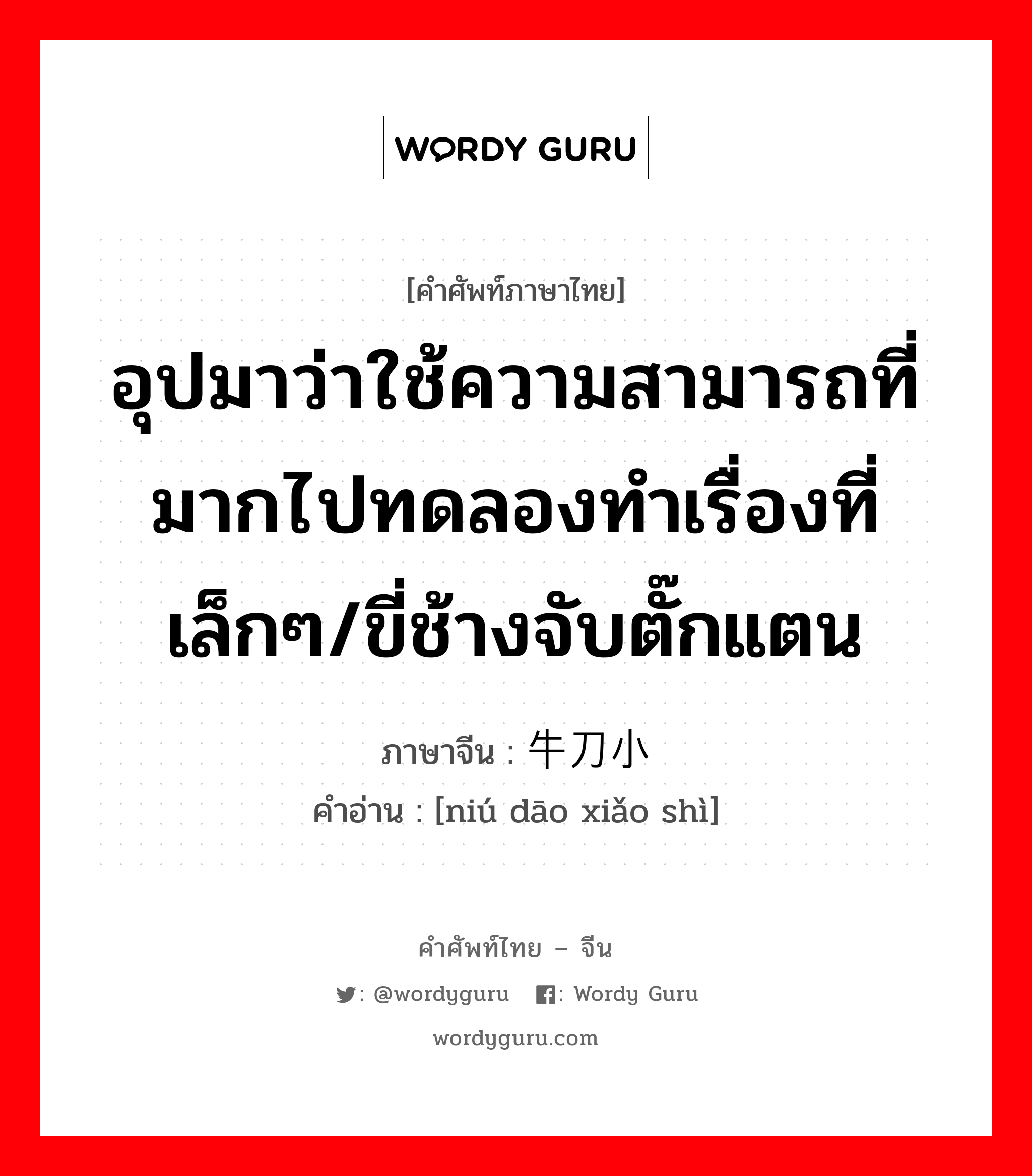 อุปมาว่าใช้ความสามารถที่มากไปทดลองทำเรื่องที่เล็กๆ/ขี่ช้างจับตั๊กแตน ภาษาจีนคืออะไร, คำศัพท์ภาษาไทย - จีน อุปมาว่าใช้ความสามารถที่มากไปทดลองทำเรื่องที่เล็กๆ/ขี่ช้างจับตั๊กแตน ภาษาจีน 牛刀小试 คำอ่าน [niú dāo xiǎo shì]