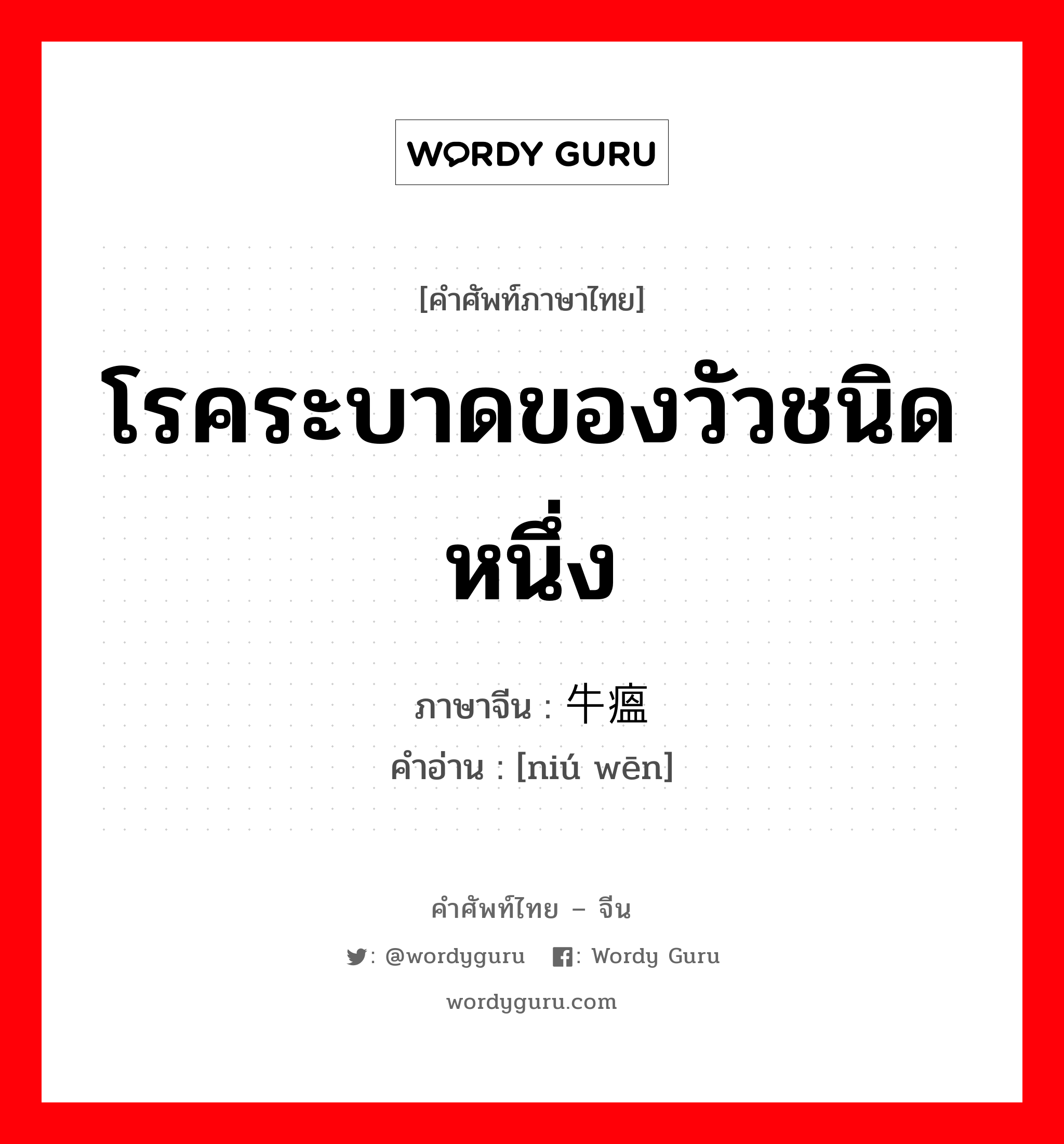 โรคระบาดของวัวชนิดหนึ่ง ภาษาจีนคืออะไร, คำศัพท์ภาษาไทย - จีน โรคระบาดของวัวชนิดหนึ่ง ภาษาจีน 牛瘟 คำอ่าน [niú wēn]