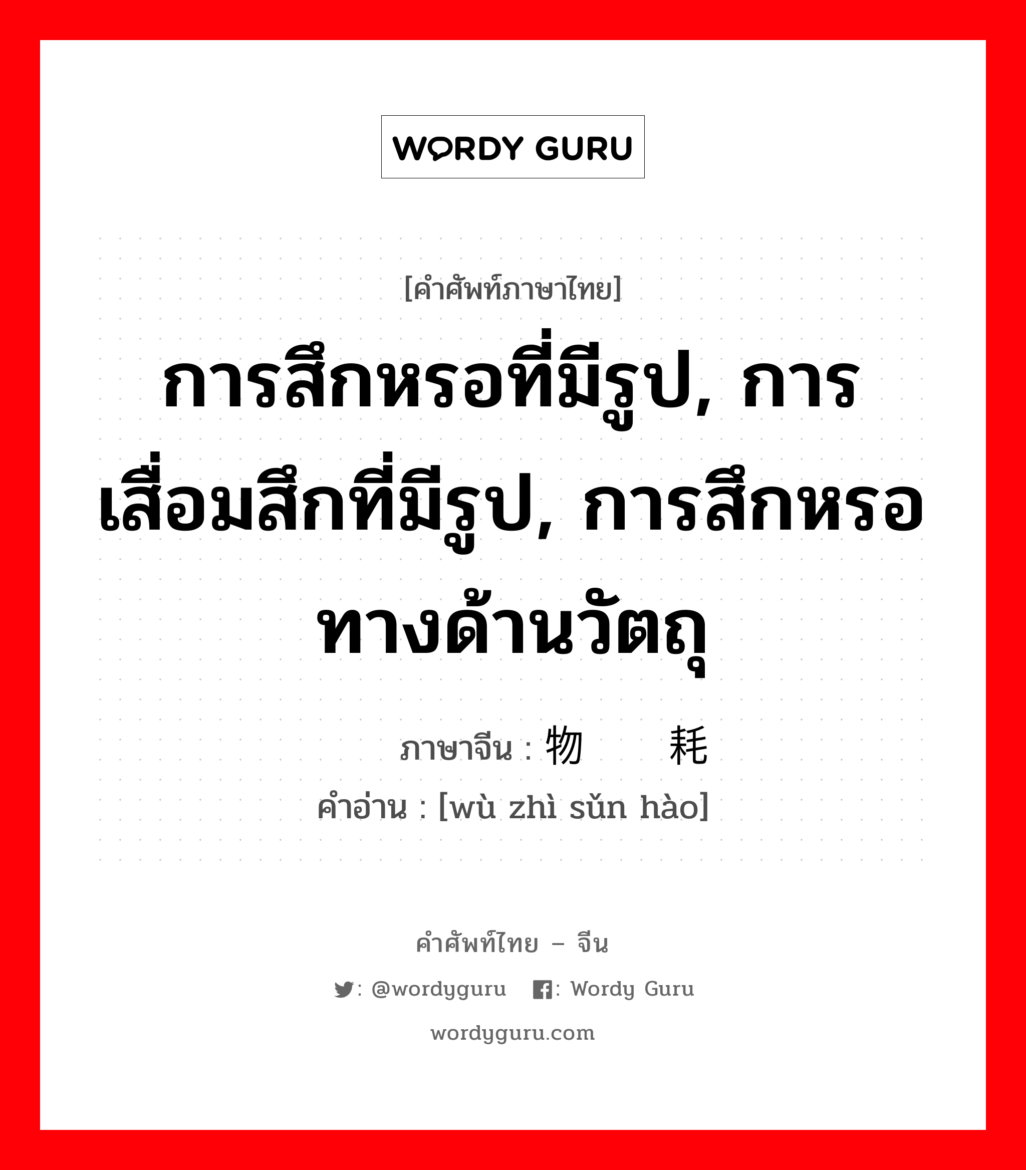 การสึกหรอที่มีรูป, การเสื่อมสึกที่มีรูป, การสึกหรอทางด้านวัตถุ ภาษาจีนคืออะไร, คำศัพท์ภาษาไทย - จีน การสึกหรอที่มีรูป, การเสื่อมสึกที่มีรูป, การสึกหรอทางด้านวัตถุ ภาษาจีน 物质损耗 คำอ่าน [wù zhì sǔn hào]