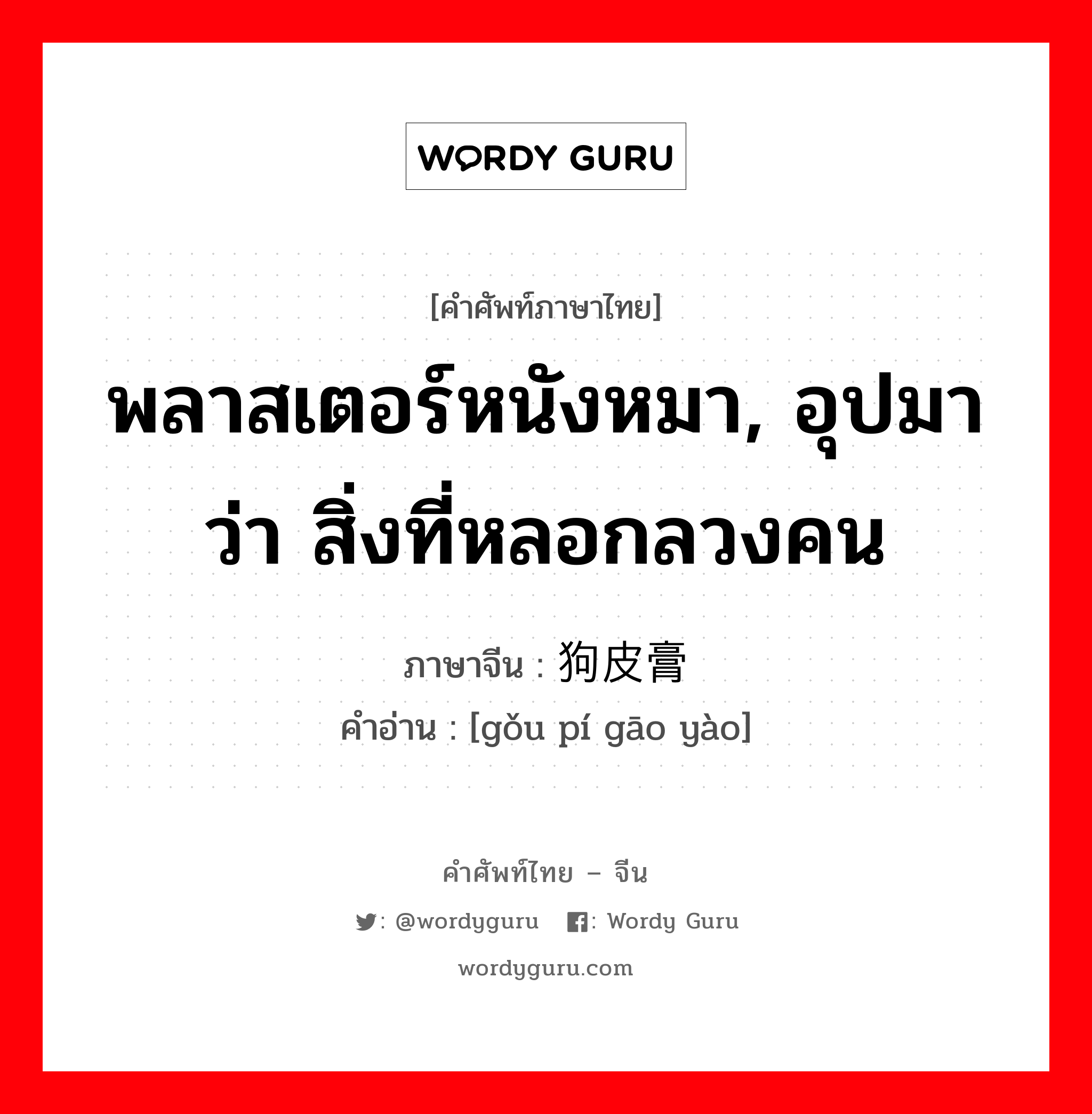 พลาสเตอร์หนังหมา, อุปมาว่า สิ่งที่หลอกลวงคน ภาษาจีนคืออะไร, คำศัพท์ภาษาไทย - จีน พลาสเตอร์หนังหมา, อุปมาว่า สิ่งที่หลอกลวงคน ภาษาจีน 狗皮膏药 คำอ่าน [gǒu pí gāo yào]