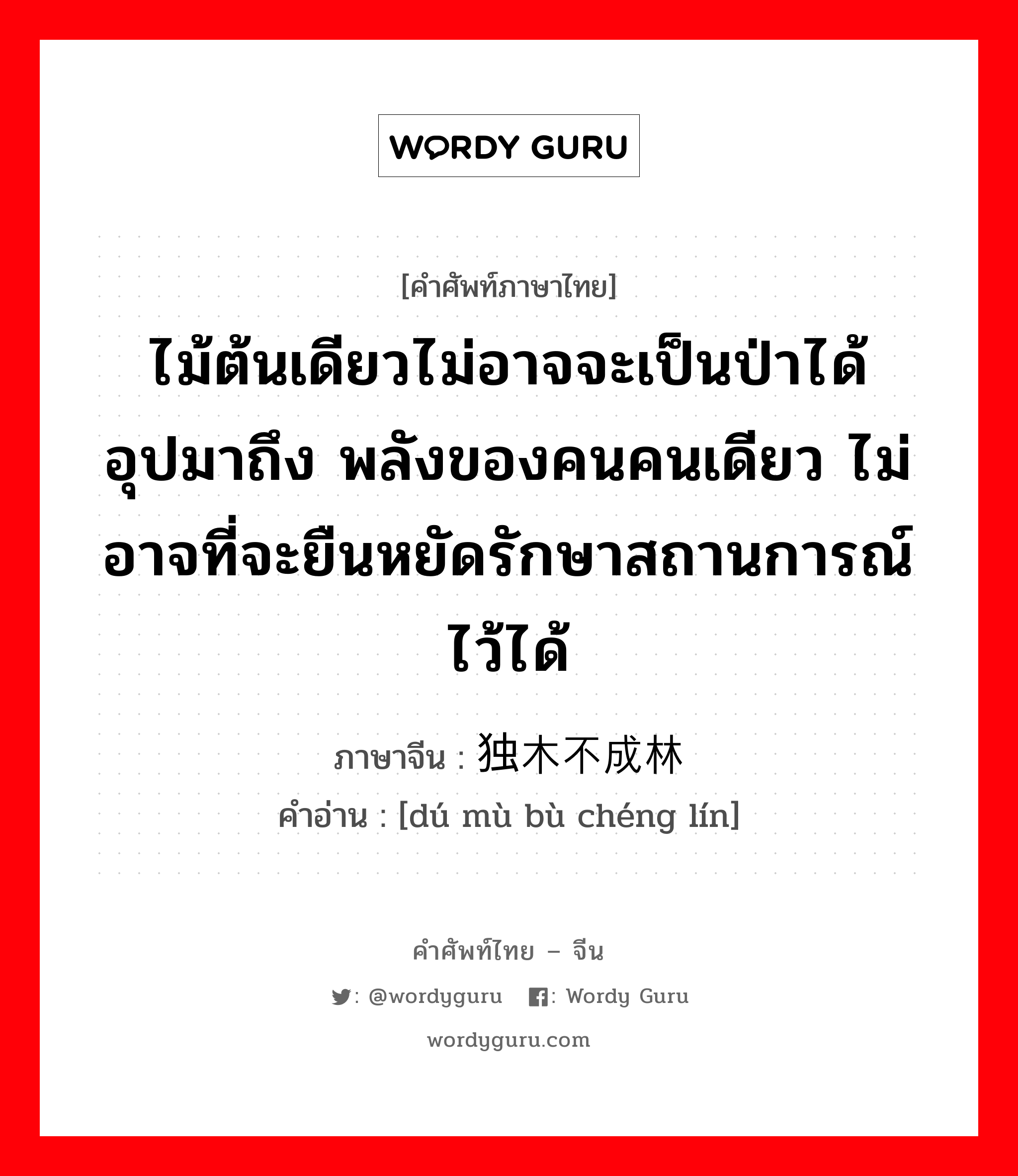 ไม้ต้นเดียวไม่อาจจะเป็นป่าได้ อุปมาถึง พลังของคนคนเดียว ไม่อาจที่จะยืนหยัดรักษาสถานการณ์ไว้ได้ ภาษาจีนคืออะไร, คำศัพท์ภาษาไทย - จีน ไม้ต้นเดียวไม่อาจจะเป็นป่าได้ อุปมาถึง พลังของคนคนเดียว ไม่อาจที่จะยืนหยัดรักษาสถานการณ์ไว้ได้ ภาษาจีน 独木不成林 คำอ่าน [dú mù bù chéng lín]