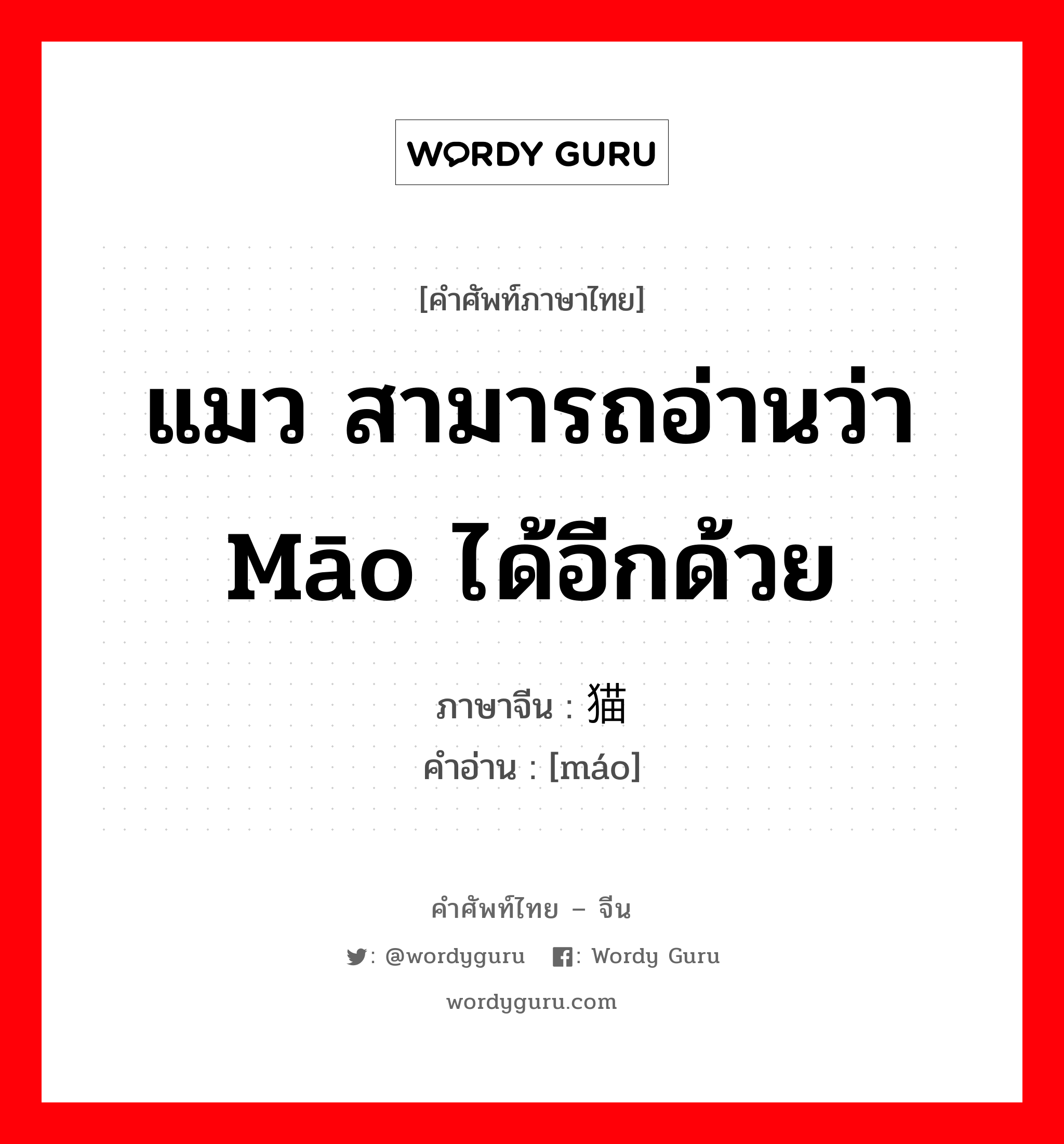 แมว สามารถอ่านว่า māo ได้อีกด้วย ภาษาจีนคืออะไร, คำศัพท์ภาษาไทย - จีน แมว สามารถอ่านว่า māo ได้อีกด้วย ภาษาจีน 猫 คำอ่าน [máo]