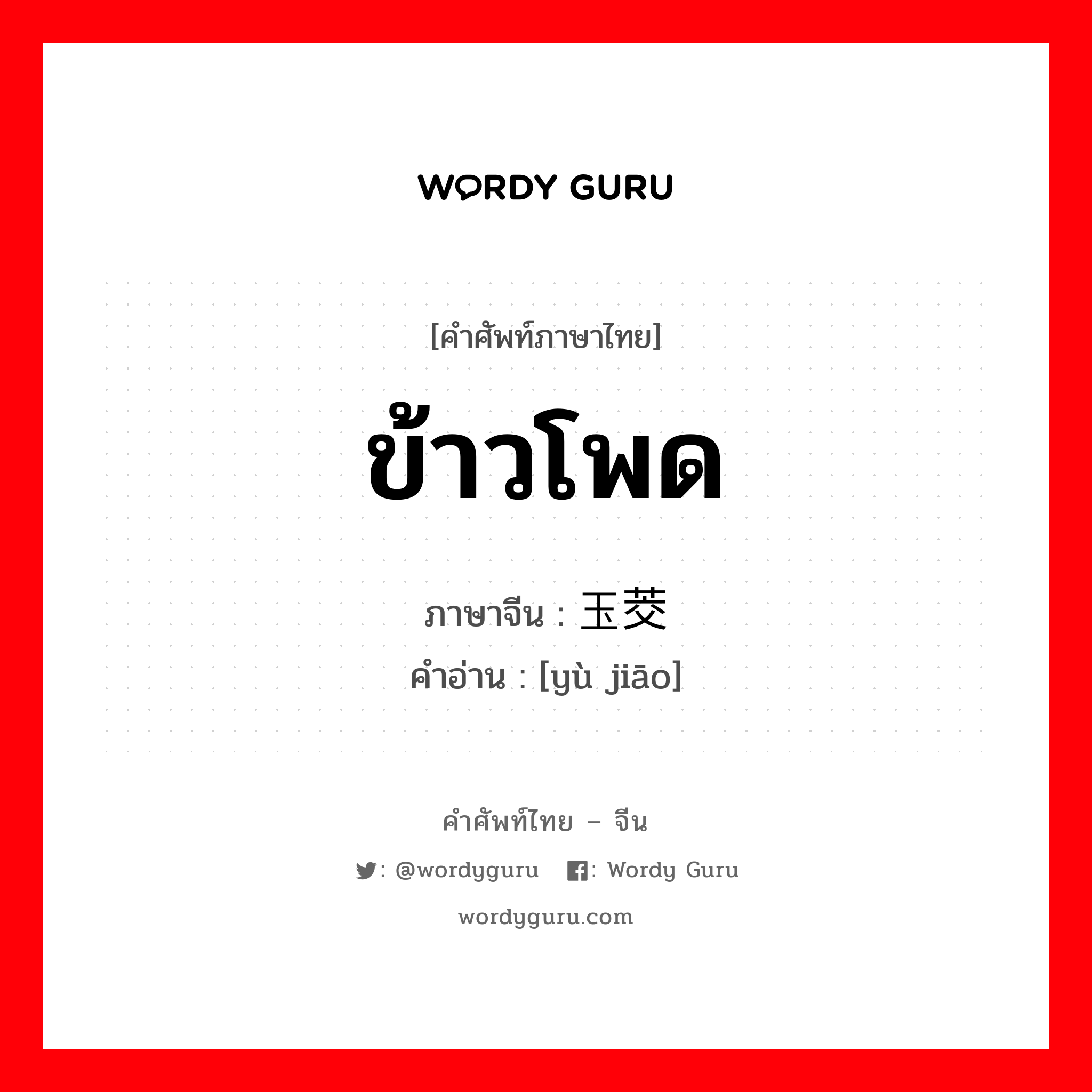 ข้าวโพด ภาษาจีนคืออะไร, คำศัพท์ภาษาไทย - จีน ข้าวโพด ภาษาจีน 玉茭 คำอ่าน [yù jiāo]