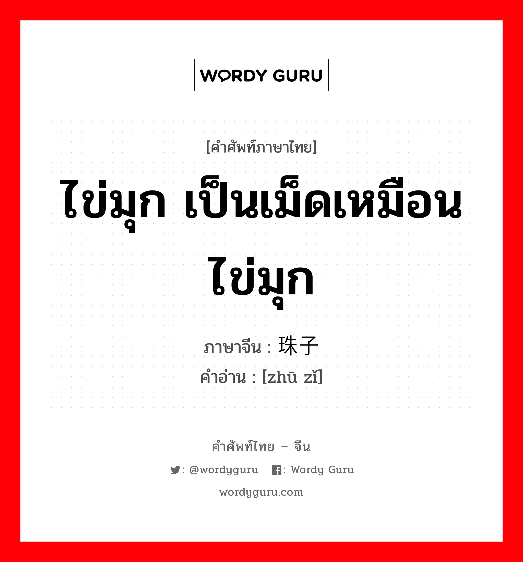 ไข่มุก เป็นเม็ดเหมือนไข่มุก ภาษาจีนคืออะไร, คำศัพท์ภาษาไทย - จีน ไข่มุก เป็นเม็ดเหมือนไข่มุก ภาษาจีน 珠子 คำอ่าน [zhū zǐ]