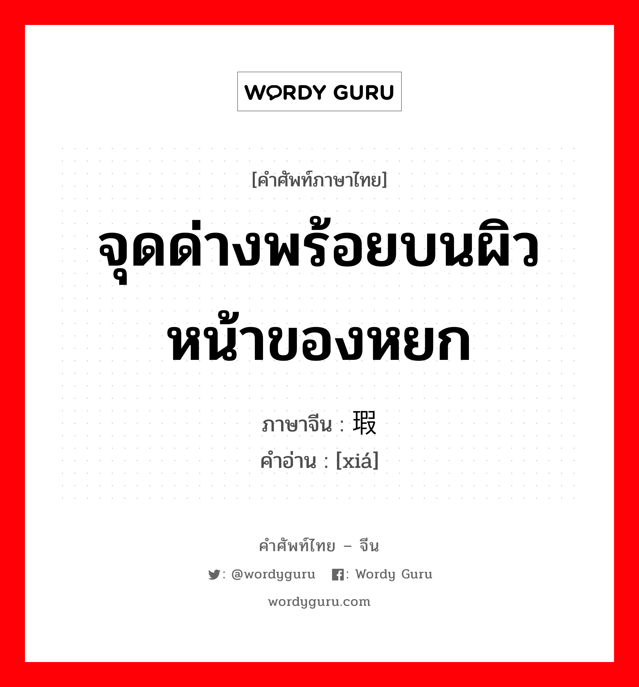 จุดด่างพร้อยบนผิวหน้าของหยก ภาษาจีนคืออะไร, คำศัพท์ภาษาไทย - จีน จุดด่างพร้อยบนผิวหน้าของหยก ภาษาจีน 瑕 คำอ่าน [xiá]