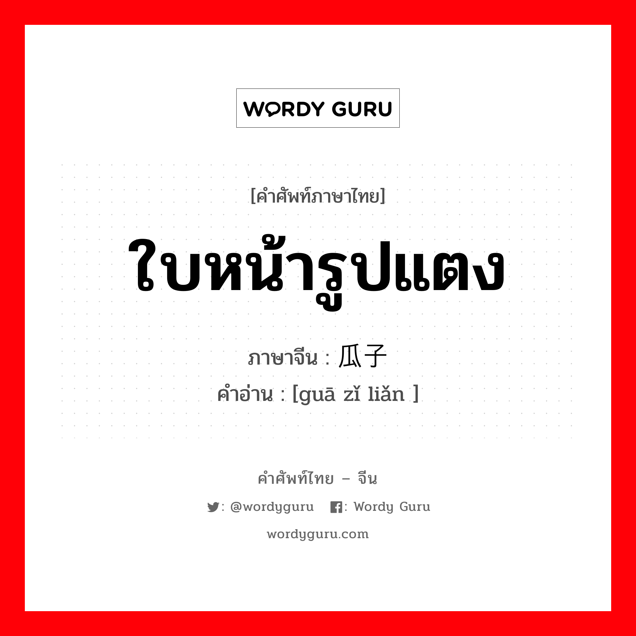 ใบหน้ารูปแตง ภาษาจีนคืออะไร, คำศัพท์ภาษาไทย - จีน ใบหน้ารูปแตง ภาษาจีน 瓜子脸 คำอ่าน [guā zǐ liǎn ]