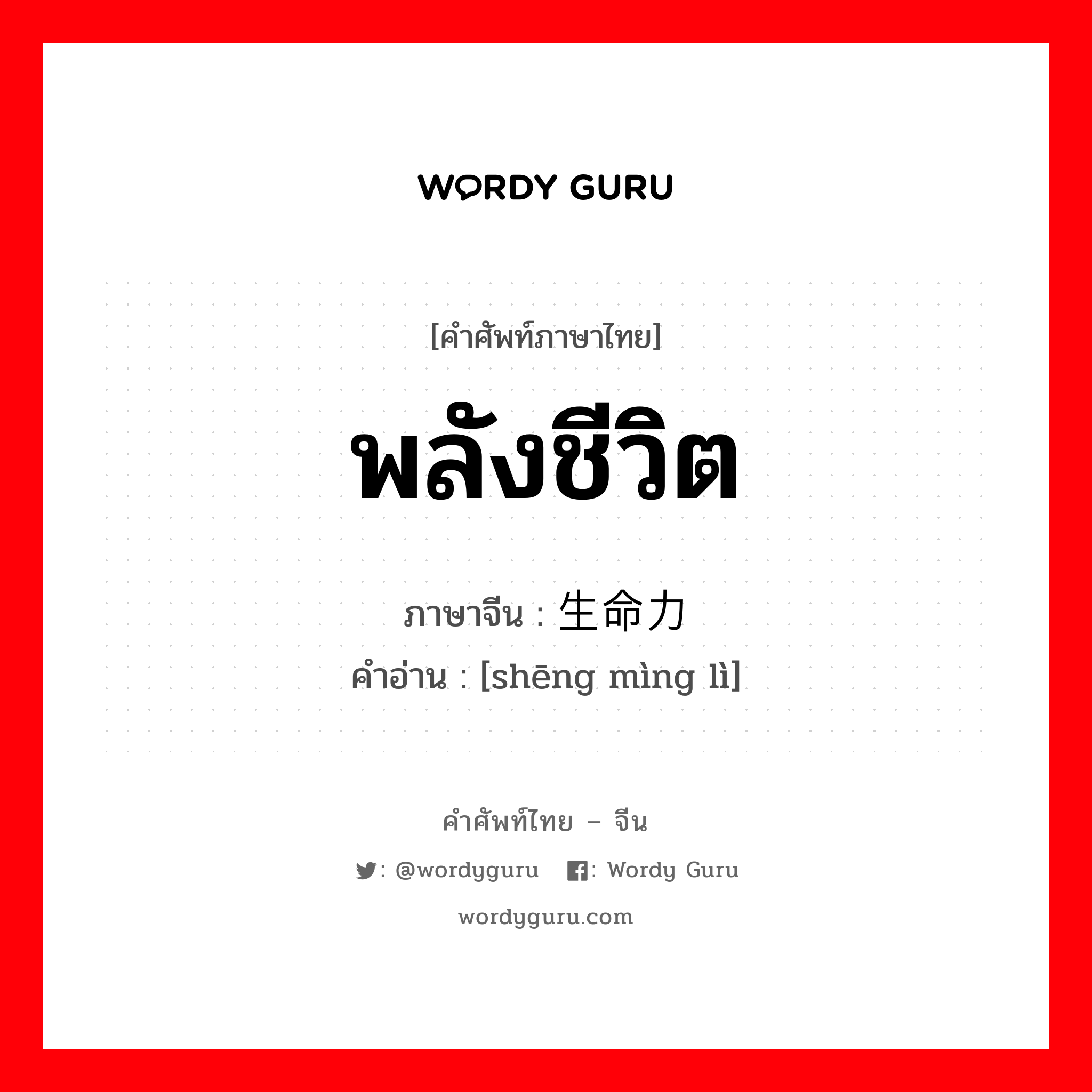 พลังชีวิต ภาษาจีนคืออะไร, คำศัพท์ภาษาไทย - จีน พลังชีวิต ภาษาจีน 生命力 คำอ่าน [shēng mìng lì]