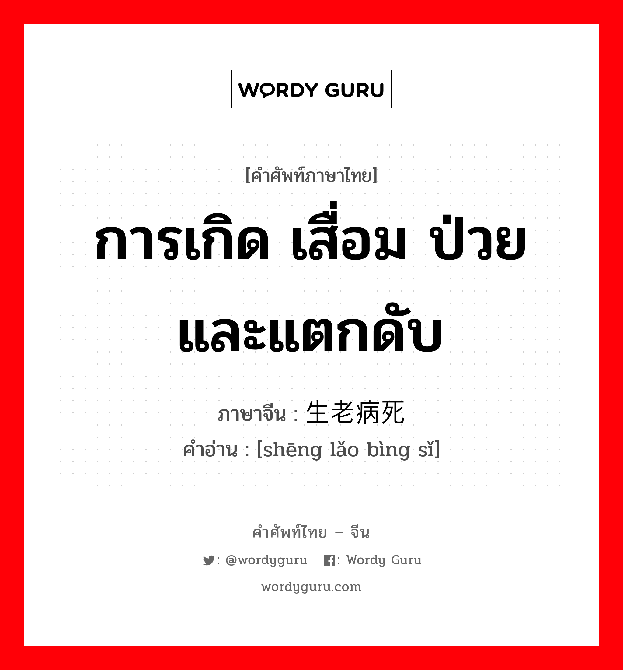 การเกิด เสื่อม ป่วยและแตกดับ ภาษาจีนคืออะไร, คำศัพท์ภาษาไทย - จีน การเกิด เสื่อม ป่วยและแตกดับ ภาษาจีน 生老病死 คำอ่าน [shēng lǎo bìng sǐ]