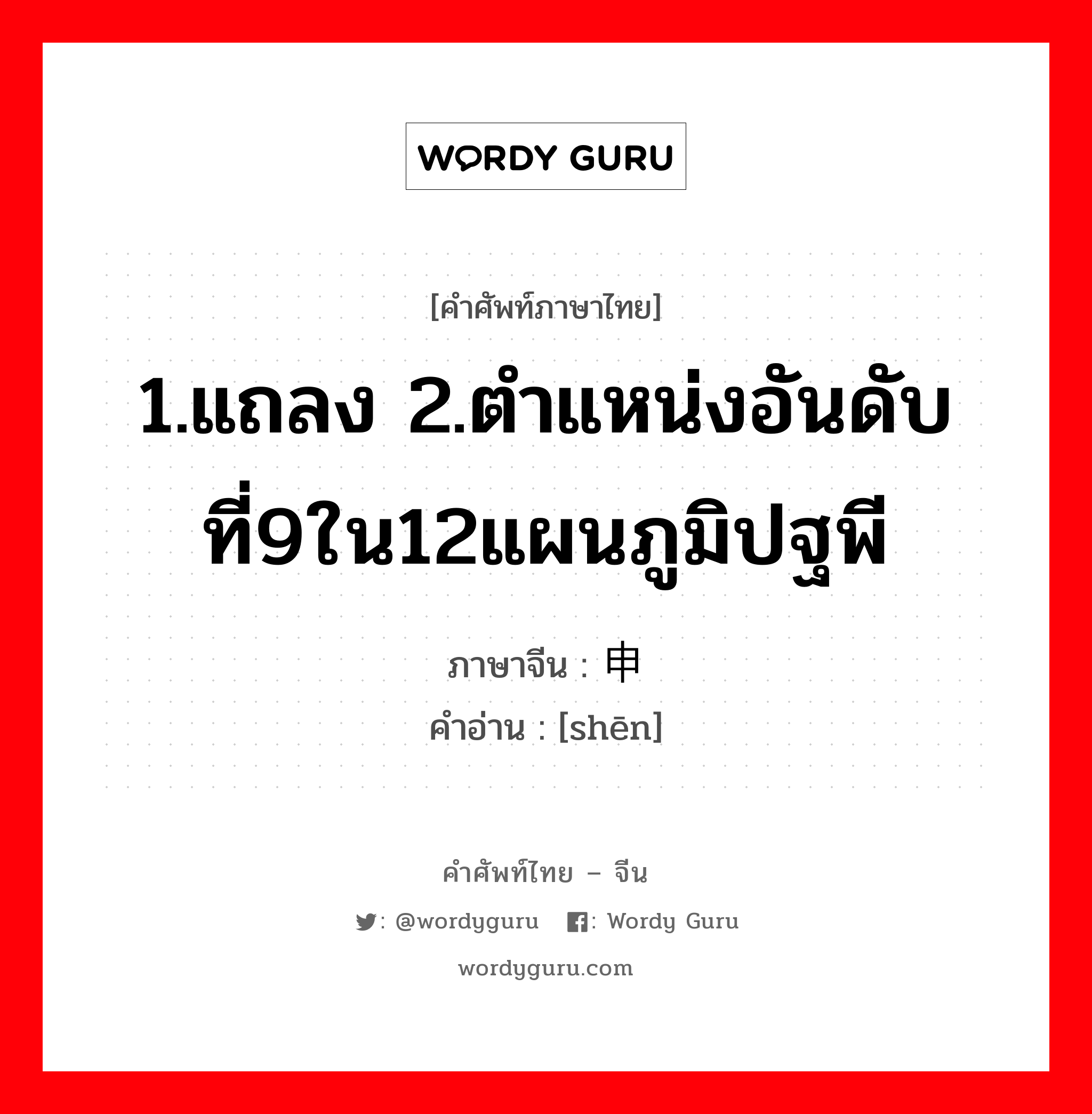 1.แถลง 2.ตำแหน่งอันดับที่9ใน12แผนภูมิปฐพี ภาษาจีนคืออะไร, คำศัพท์ภาษาไทย - จีน 1.แถลง 2.ตำแหน่งอันดับที่9ใน12แผนภูมิปฐพี ภาษาจีน 申 คำอ่าน [shēn]