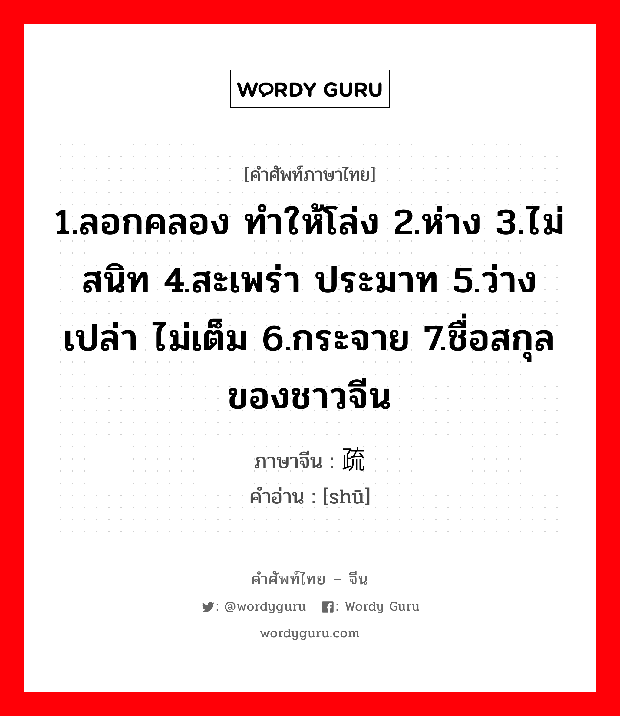 1.ลอกคลอง ทำให้โล่ง 2.ห่าง 3.ไม่สนิท 4.สะเพร่า ประมาท 5.ว่างเปล่า ไม่เต็ม 6.กระจาย 7.ชื่อสกุลของชาวจีน ภาษาจีนคืออะไร, คำศัพท์ภาษาไทย - จีน 1.ลอกคลอง ทำให้โล่ง 2.ห่าง 3.ไม่สนิท 4.สะเพร่า ประมาท 5.ว่างเปล่า ไม่เต็ม 6.กระจาย 7.ชื่อสกุลของชาวจีน ภาษาจีน 疏 คำอ่าน [shū]