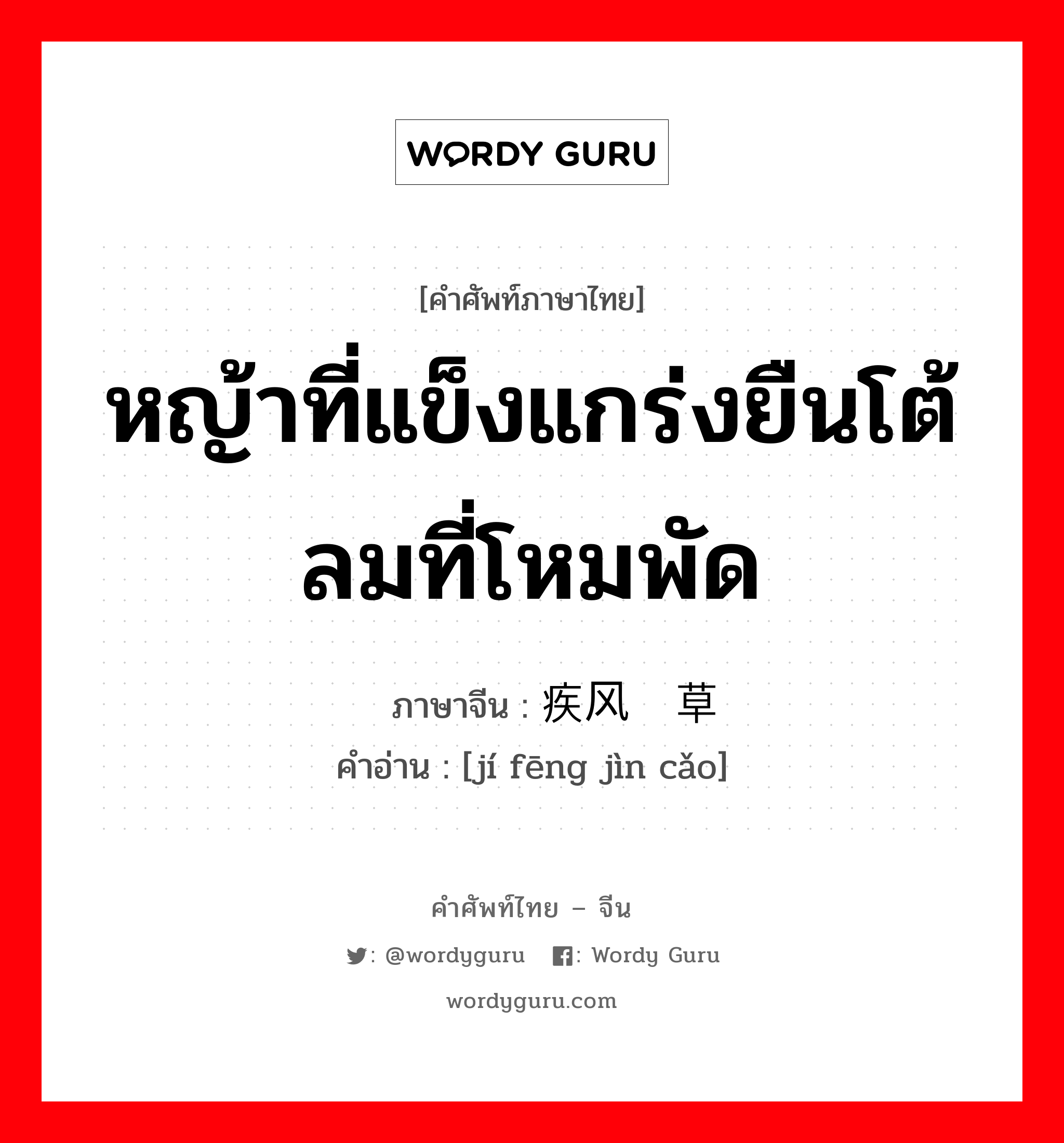 หญ้าที่แข็งแกร่งยืนโต้ลมที่โหมพัด ภาษาจีนคืออะไร, คำศัพท์ภาษาไทย - จีน หญ้าที่แข็งแกร่งยืนโต้ลมที่โหมพัด ภาษาจีน 疾风劲草 คำอ่าน [jí fēng jìn cǎo]