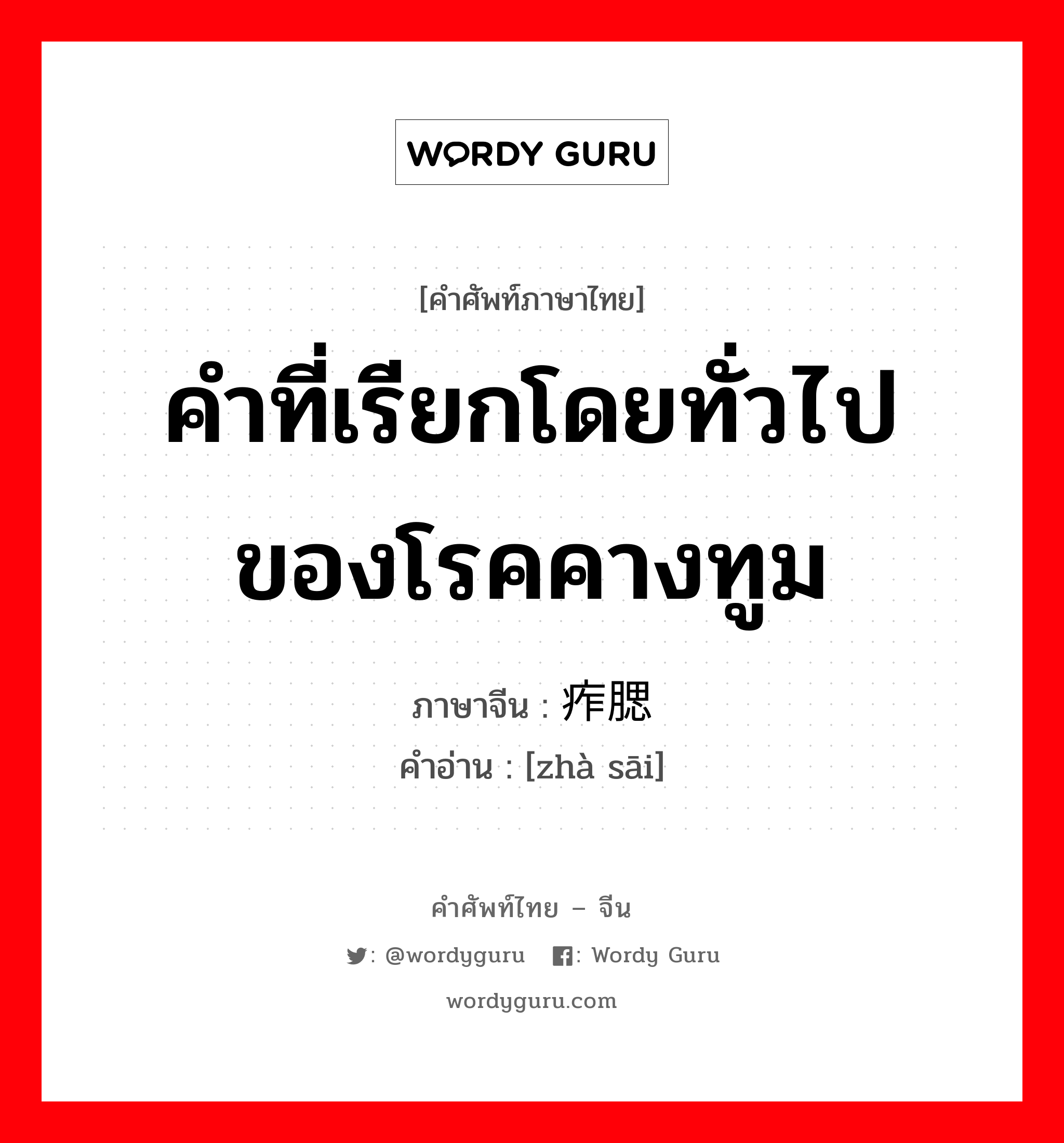 คำที่เรียกโดยทั่วไปของโรคคางทูม ภาษาจีนคืออะไร, คำศัพท์ภาษาไทย - จีน คำที่เรียกโดยทั่วไปของโรคคางทูม ภาษาจีน 痄腮 คำอ่าน [zhà sāi]