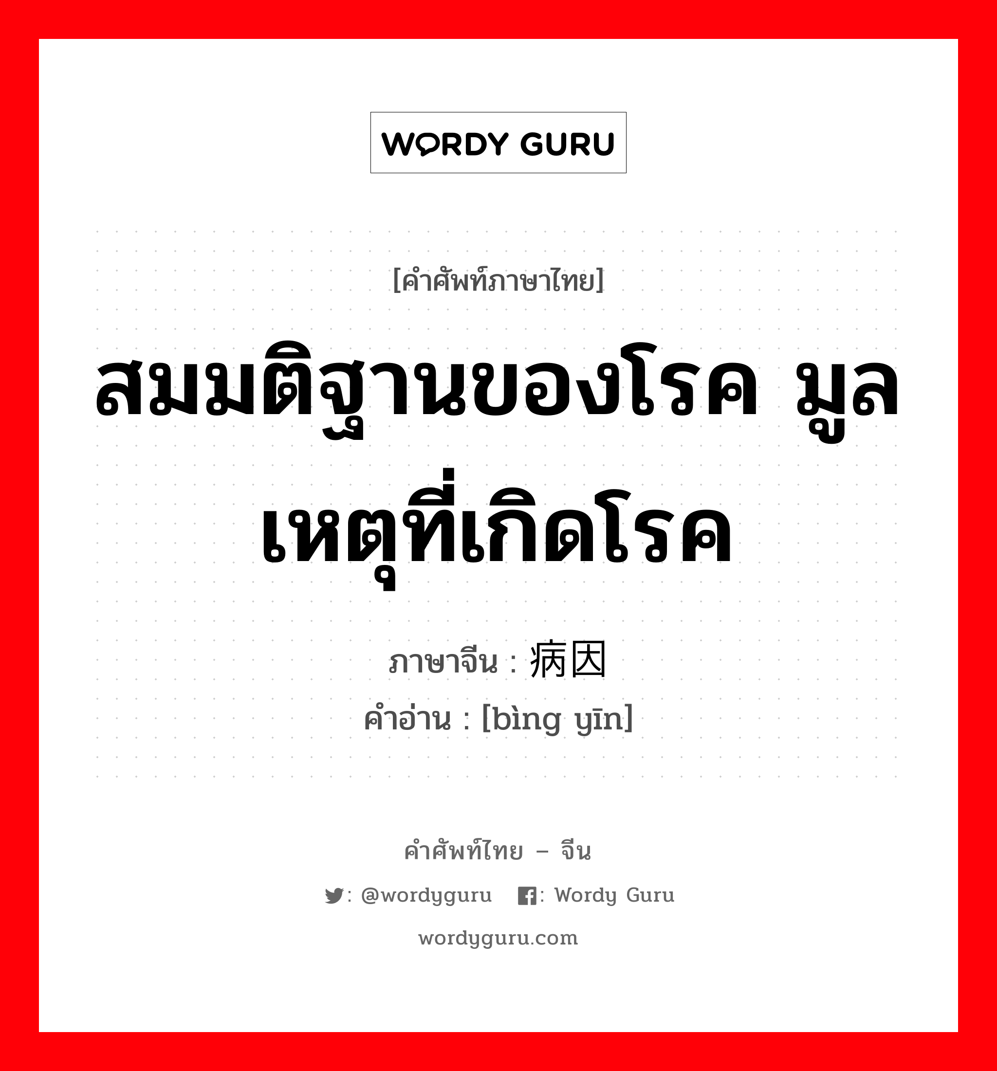 สมมติฐานของโรค มูลเหตุที่เกิดโรค ภาษาจีนคืออะไร, คำศัพท์ภาษาไทย - จีน สมมติฐานของโรค มูลเหตุที่เกิดโรค ภาษาจีน 病因 คำอ่าน [bìng yīn]