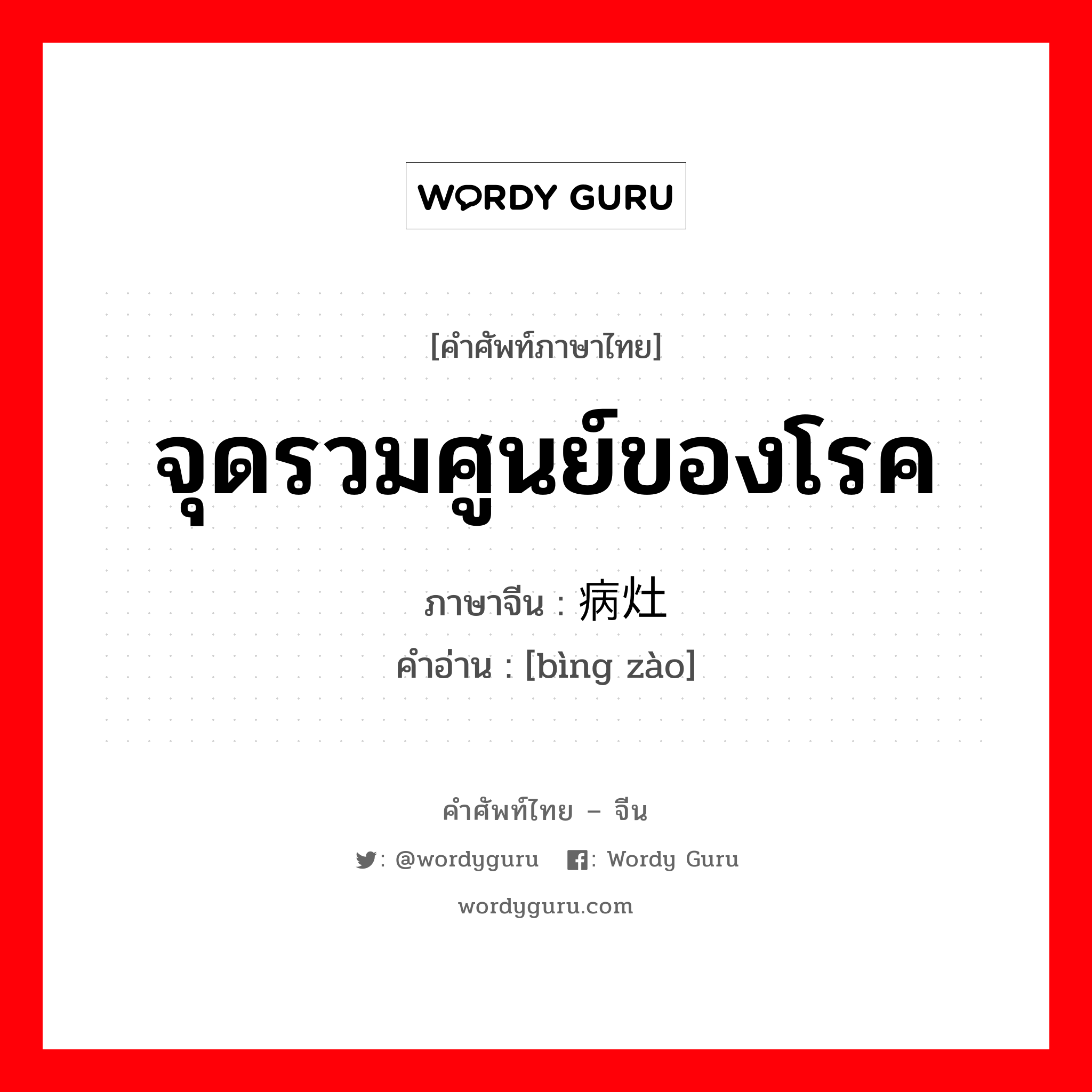 จุดรวมศูนย์ของโรค ภาษาจีนคืออะไร, คำศัพท์ภาษาไทย - จีน จุดรวมศูนย์ของโรค ภาษาจีน 病灶 คำอ่าน [bìng zào]