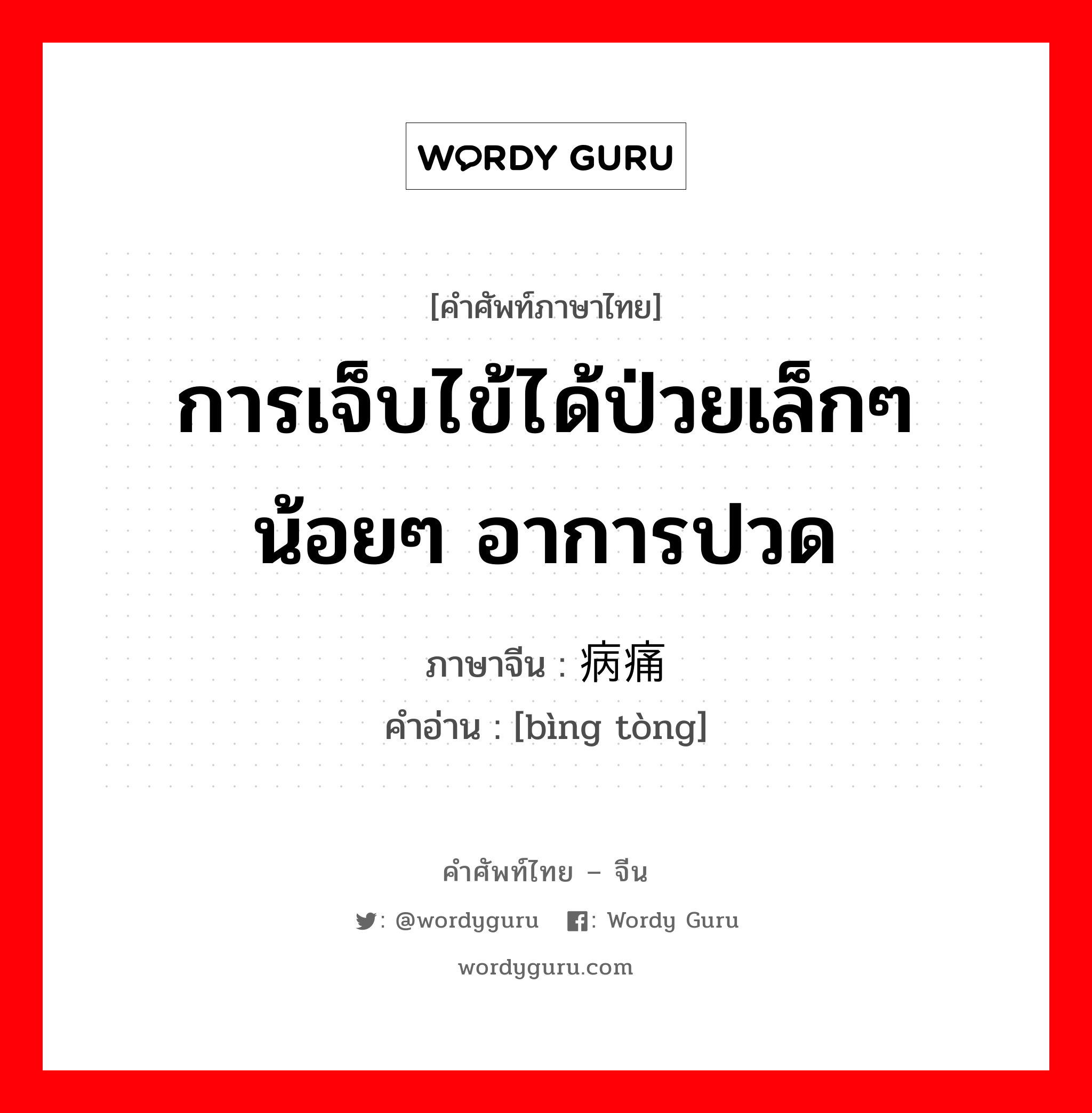 การเจ็บไข้ได้ป่วยเล็กๆน้อยๆ อาการปวด ภาษาจีนคืออะไร, คำศัพท์ภาษาไทย - จีน การเจ็บไข้ได้ป่วยเล็กๆน้อยๆ อาการปวด ภาษาจีน 病痛 คำอ่าน [bìng tòng]