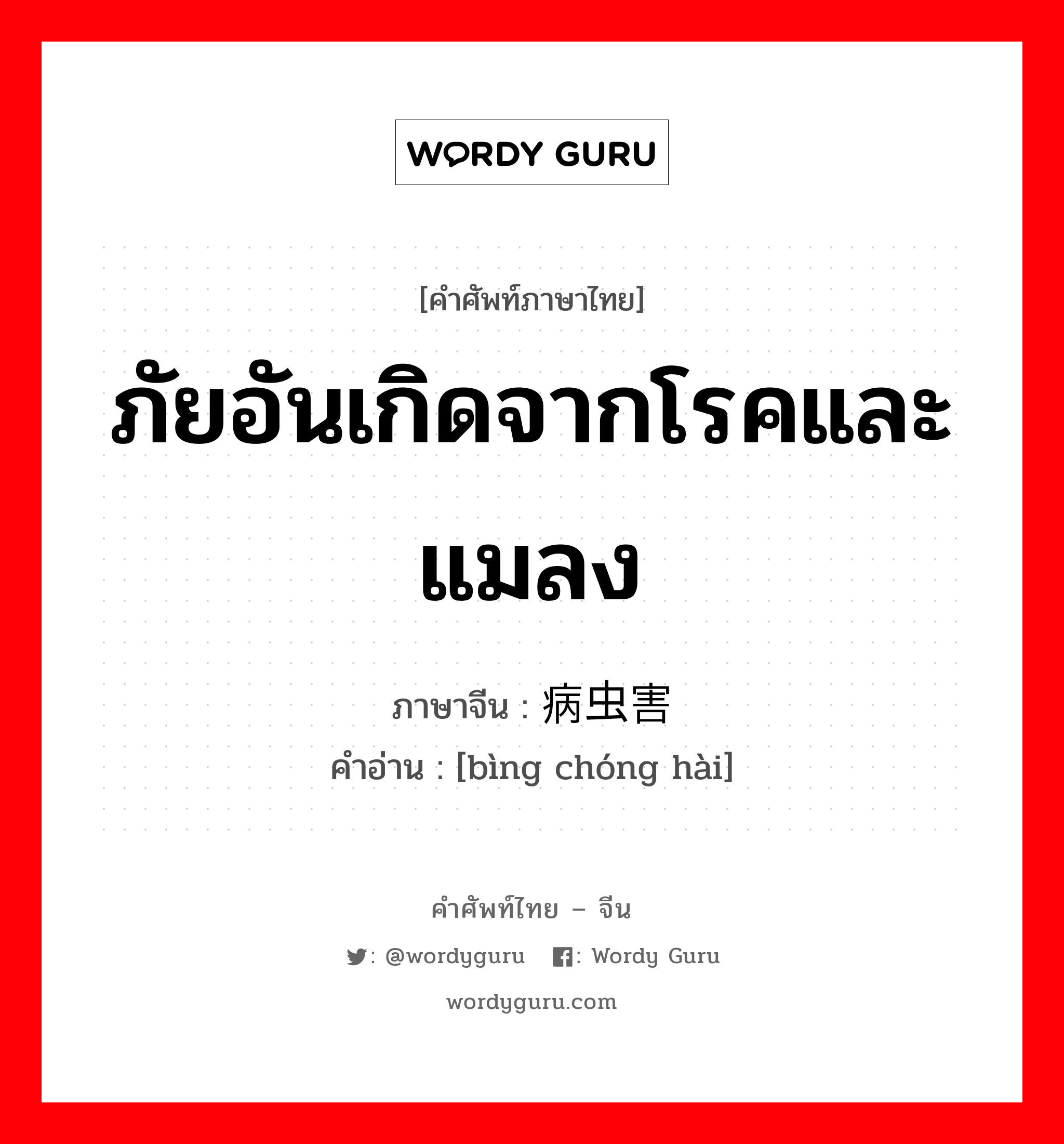 ภัยอันเกิดจากโรคและแมลง ภาษาจีนคืออะไร, คำศัพท์ภาษาไทย - จีน ภัยอันเกิดจากโรคและแมลง ภาษาจีน 病虫害 คำอ่าน [bìng chóng hài]